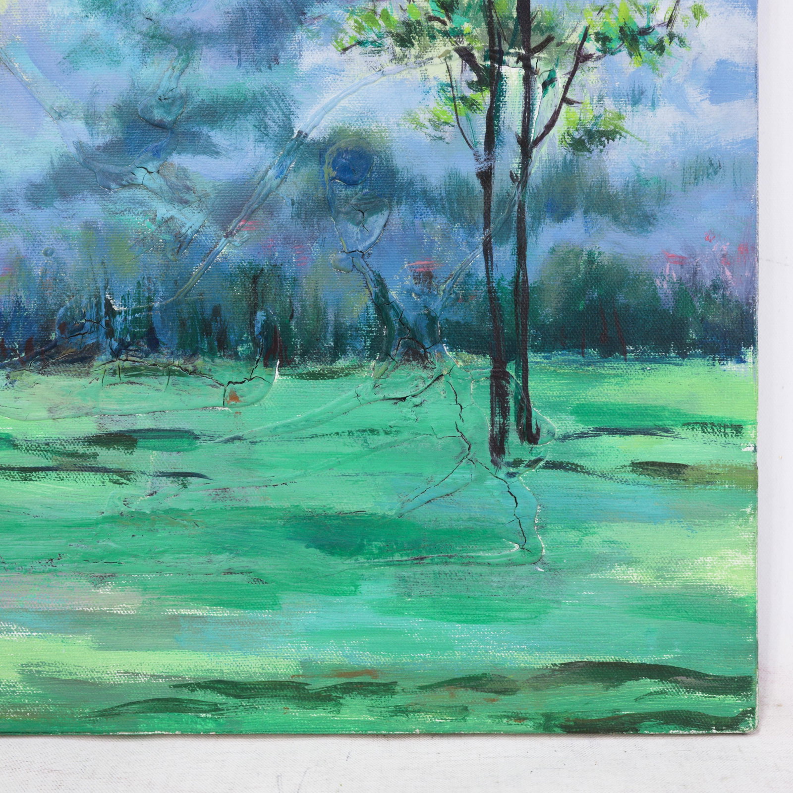 Impressionist Landscape Oil Painting - Misty Blue Mountains and Green Meadow - 6