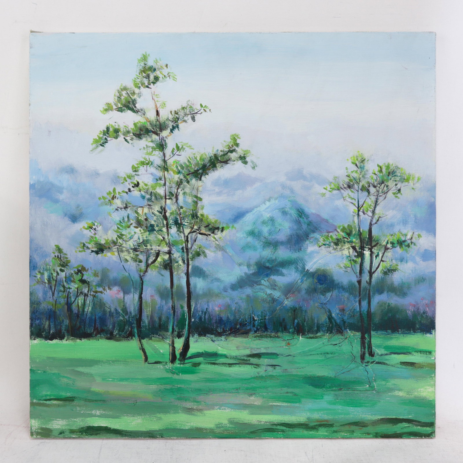 Impressionist Landscape Oil Painting - Misty Blue Mountains and Green Meadow - 9