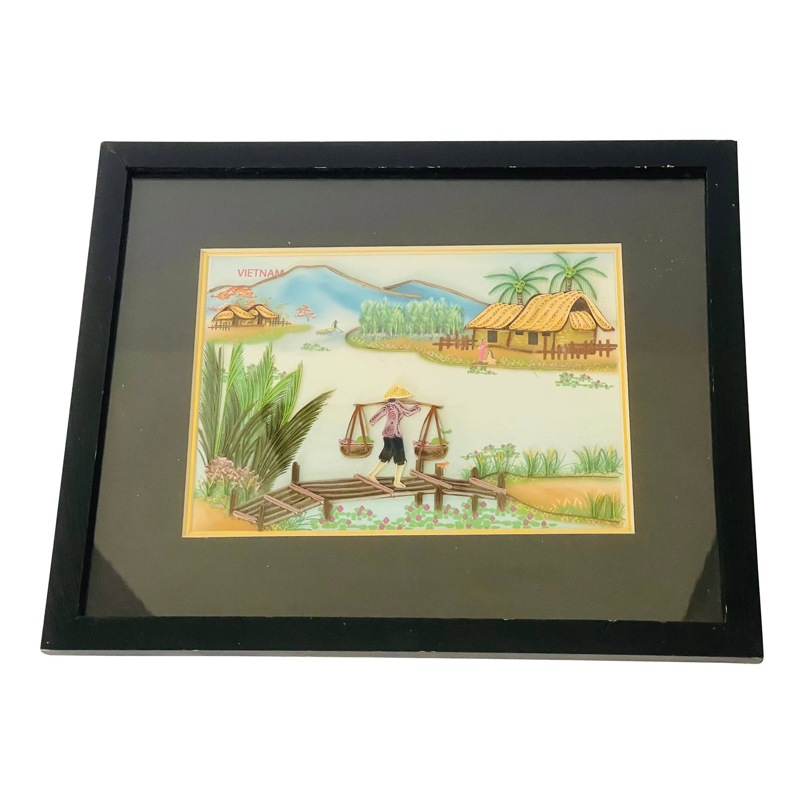 Vintage Original Art Collage Landscape Painting Vietnam: Vintage Vietnamese original landscape painting mixed media, combining cutout, collage and watercolor. Uniate technique. Condition: Alterations: Original Condition Unaltered Imperfections: Some
