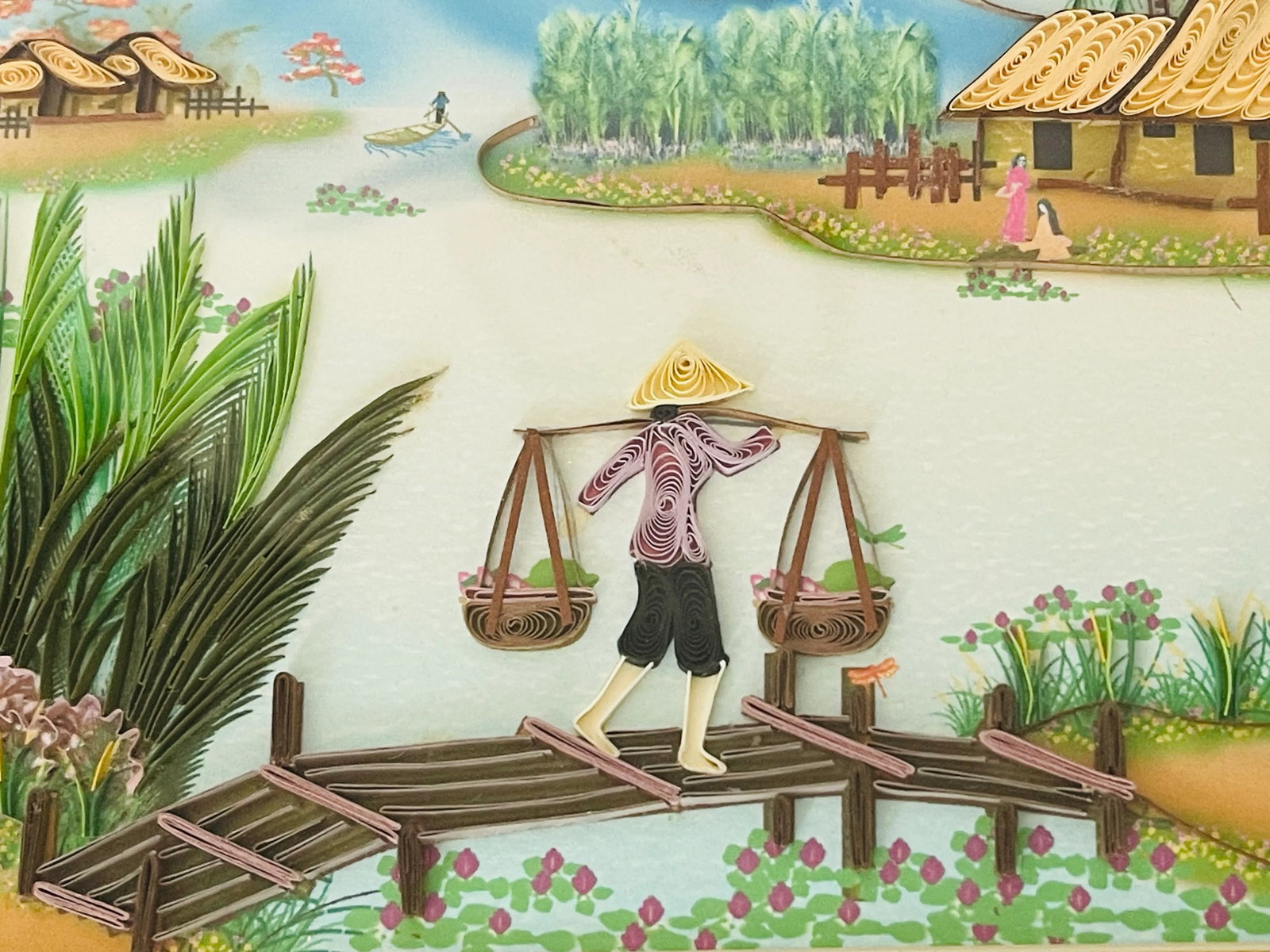 Vintage Original Art Collage Landscape Painting Vietnam - 2