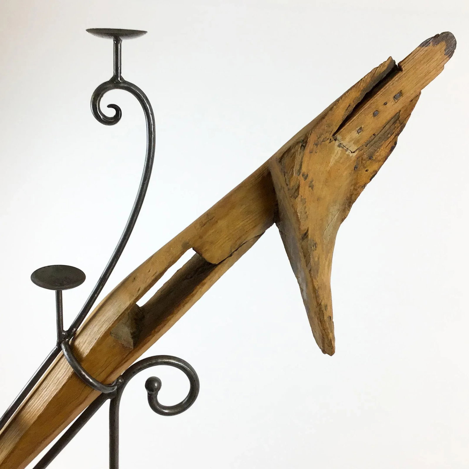 Large Antique Artisan Wooden Plow Sculpture Candle Holder - 5