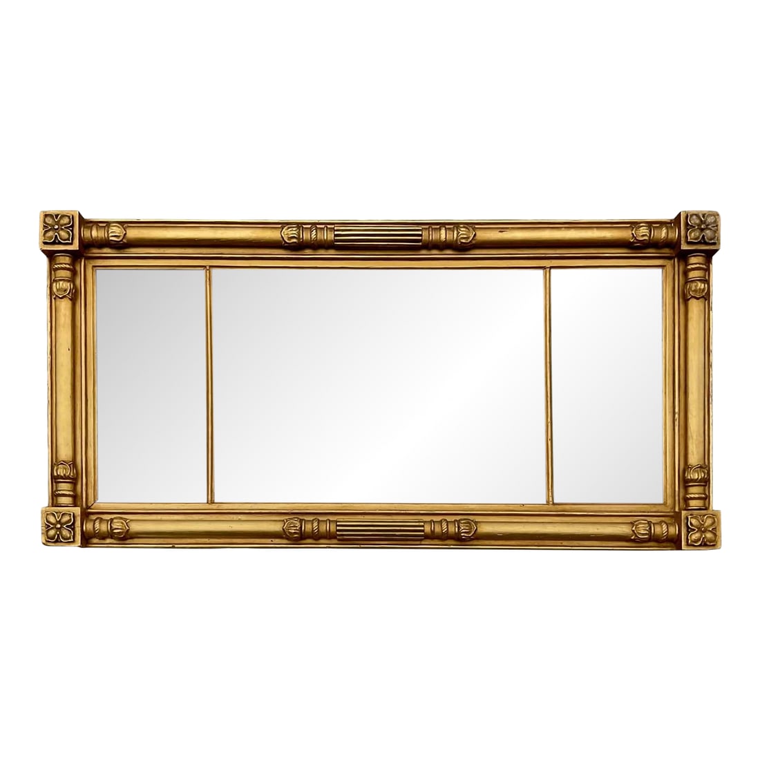 American Classical Giltwood Overmantle Mirror, Attributed to Isaac L. Platt, Circa 1825: Similar mirror by Isaac Platt at display in Metropolitan Museum American Wing. With dimensions of 31.5 inches in length and 61.5 inches in height, it is sure to make a grand statement in any room.