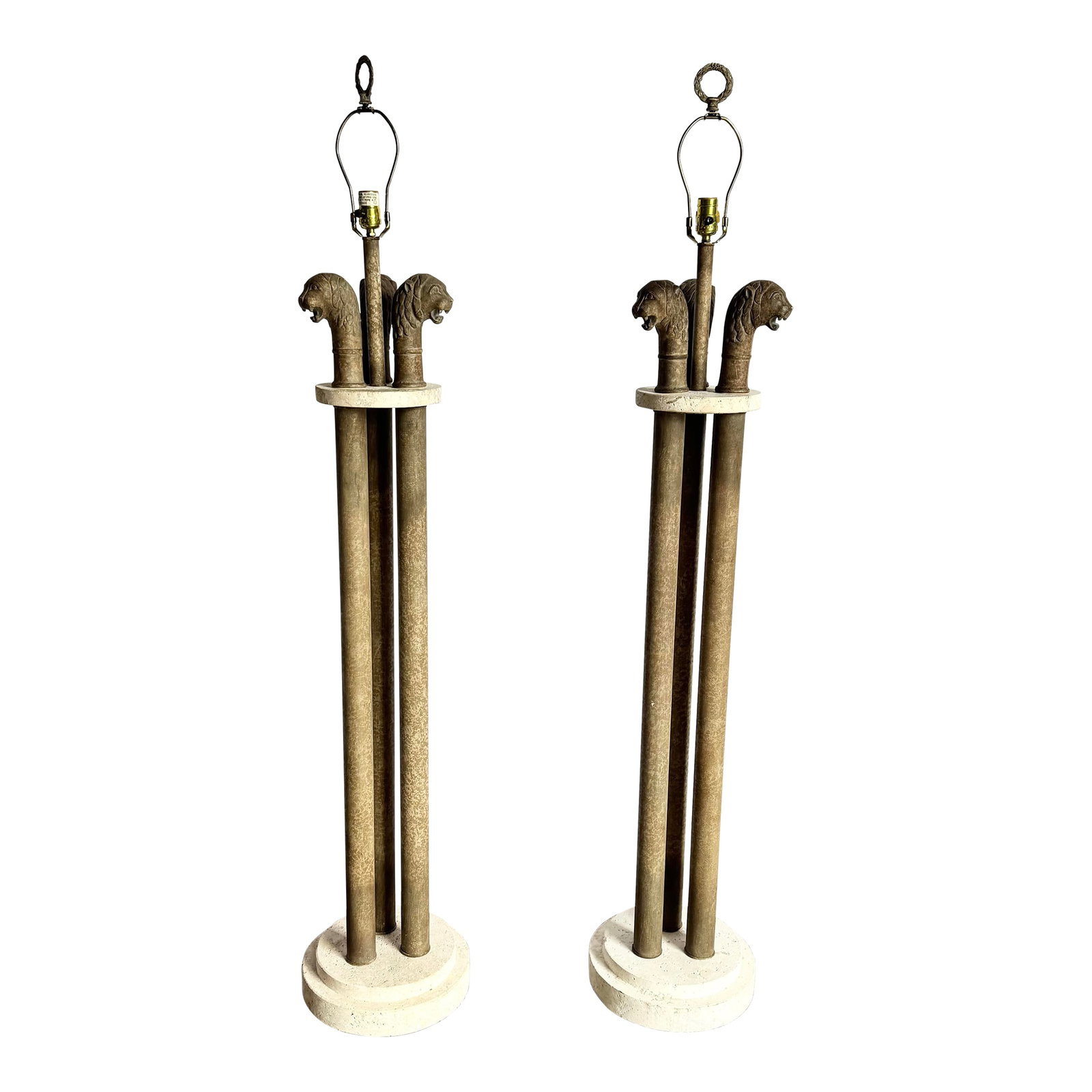 Vintage Postmodern Three Lion Headed Limestone Floor Lamps - A Pair: A rare and commanding pair of vintage Postmodern floor lamps featuring sculptural lion head motifs and solid limestone bases. Each lamp is designed with three cylindrical columns supporting detailed