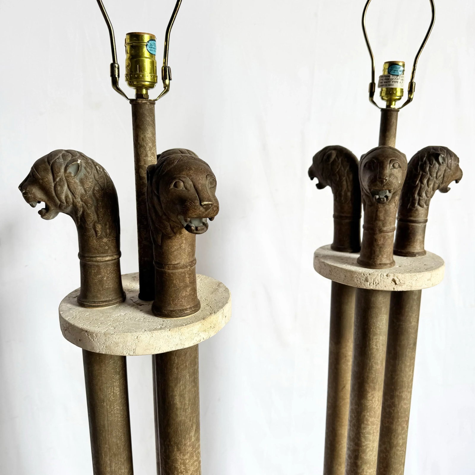 Vintage Postmodern Three Lion Headed Limestone Floor Lamps - A Pair - 7