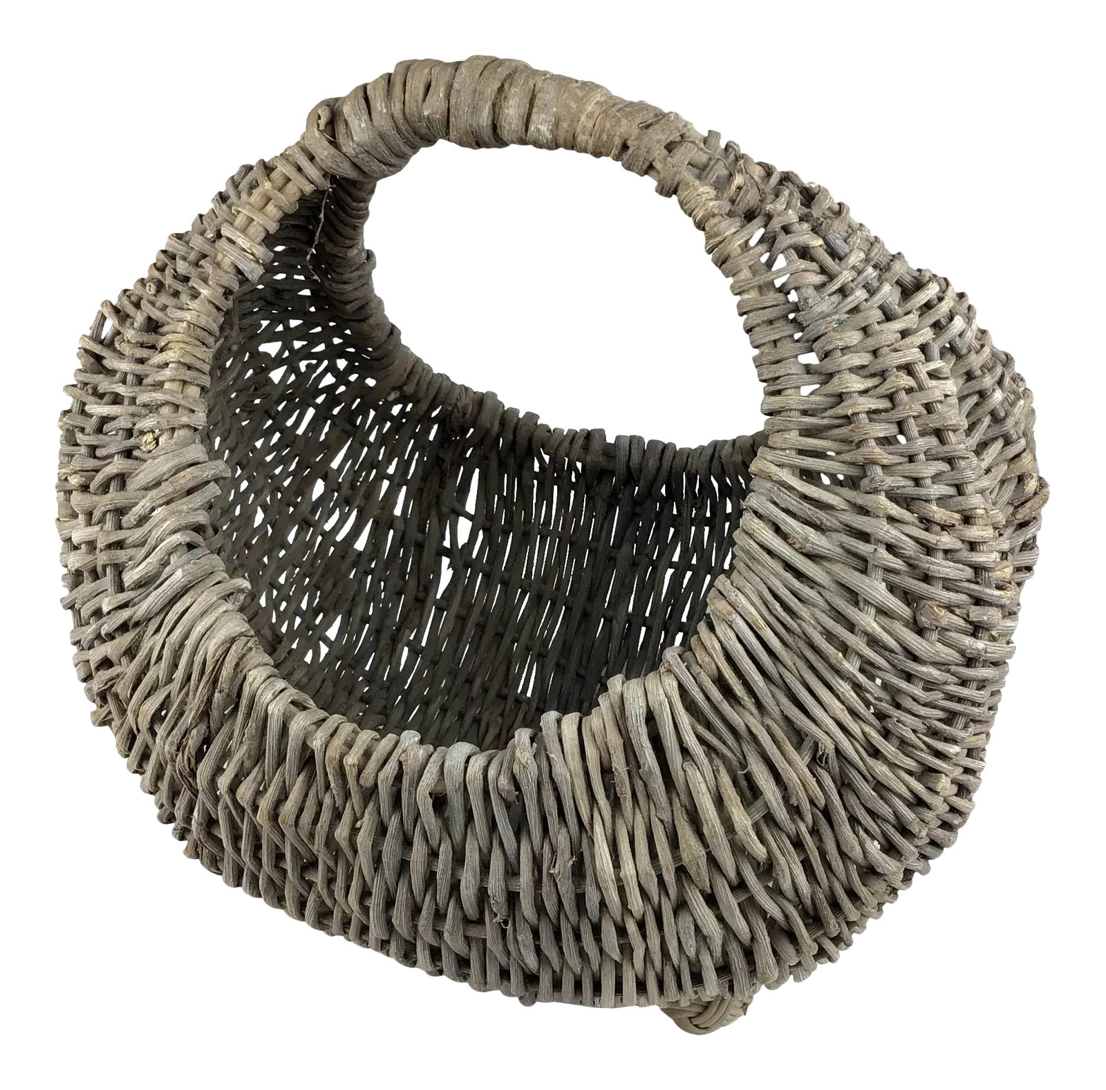 18th Century French Grape Gathering Basket: Rare antique basket from a wine chateau in France. Super sturdy with not one weak branch. Not sure exactly what type of wicker was used. Looks like actual tree roots. Maybe that's why it's so strong.