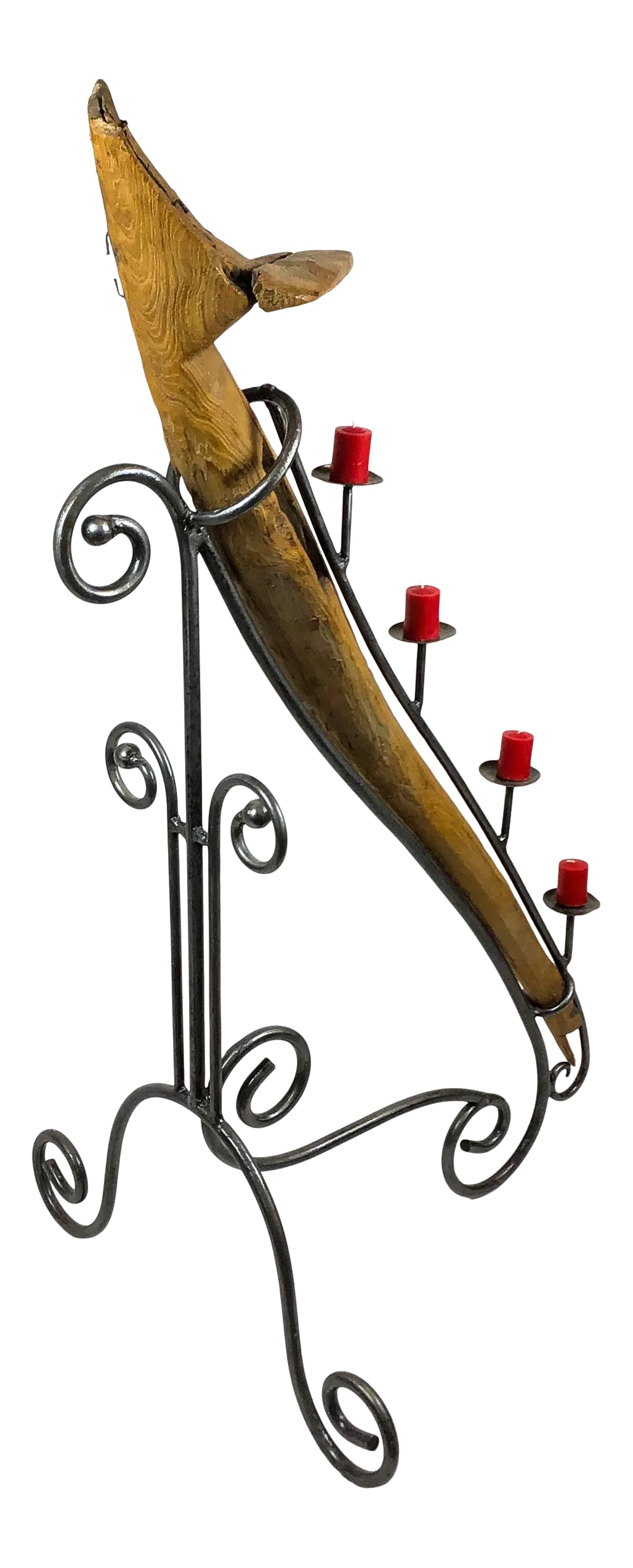 Antique Artisan Wooden Plow Sculpture Candle Holder: Magnificent work of art using an antique wooden farm plow from Vietnam. Skilled artisan made wrought iron holder with small candleholders has been customized to hold the plow in a very graceful and