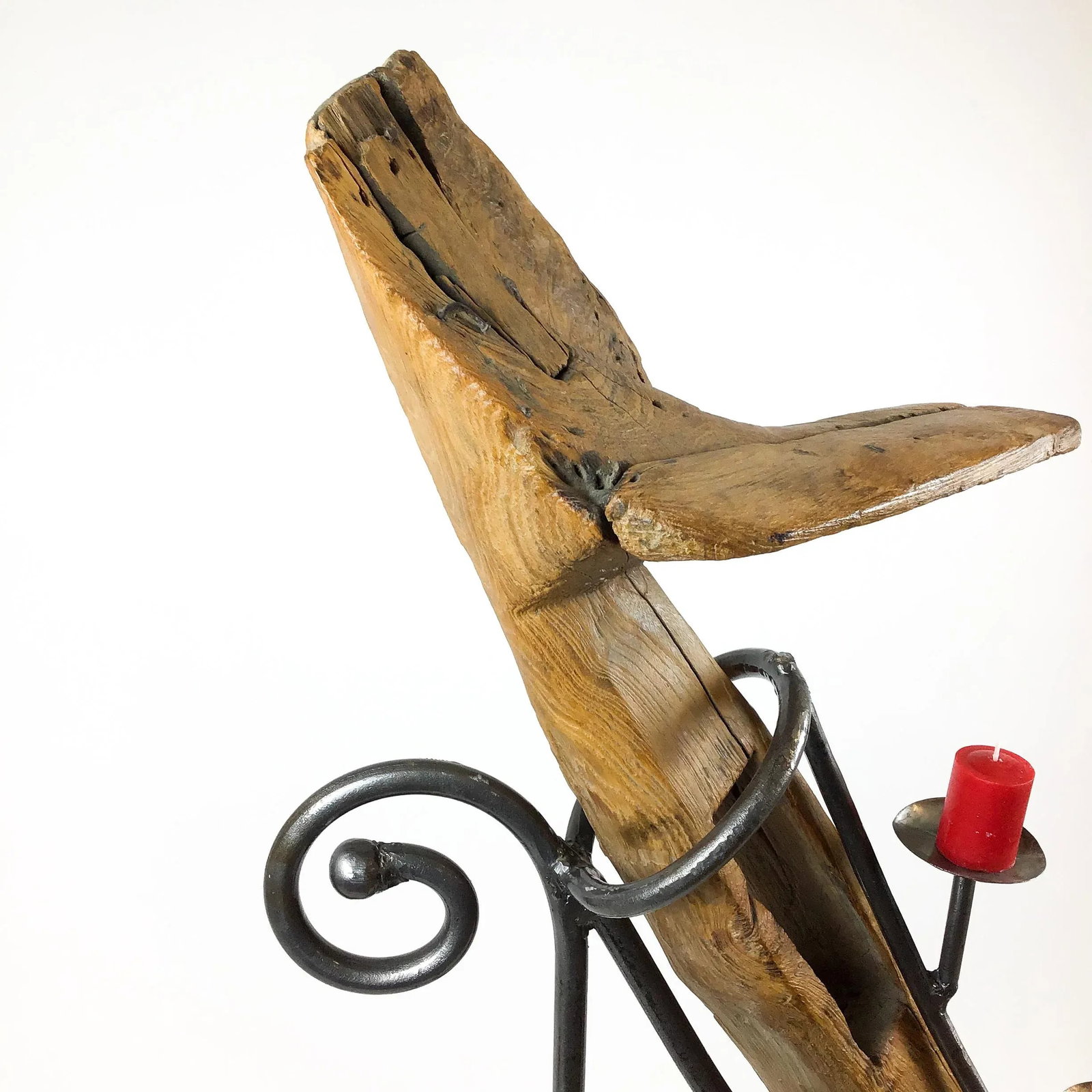 Antique Artisan Wooden Plow Sculpture Candle Holder - 6