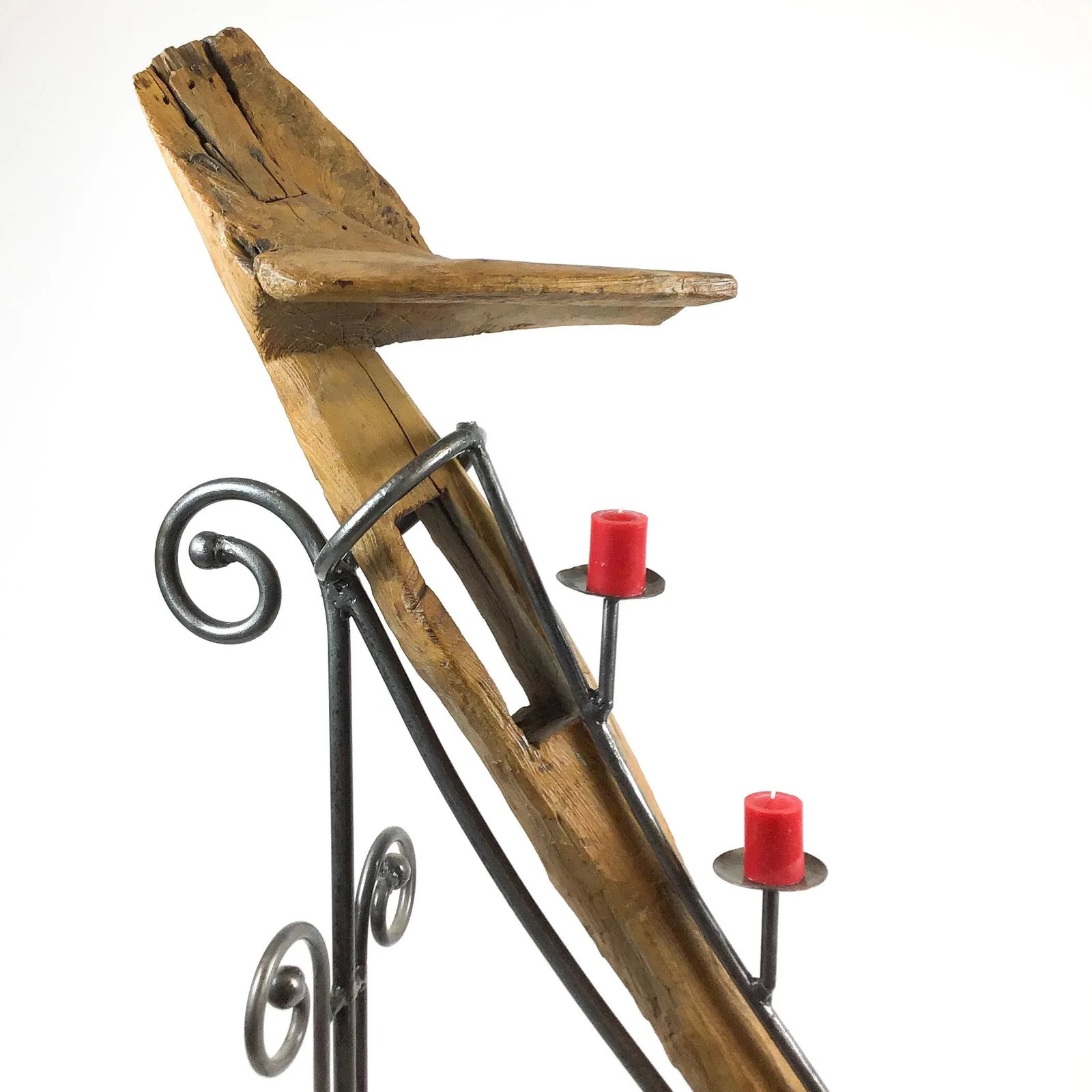 Antique Artisan Wooden Plow Sculpture Candle Holder - 7