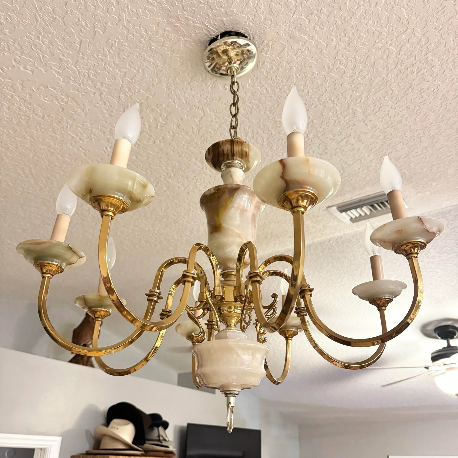 Vintage Georgian Style Green Onyx and Gold Chandelier - 8 Lights - 8