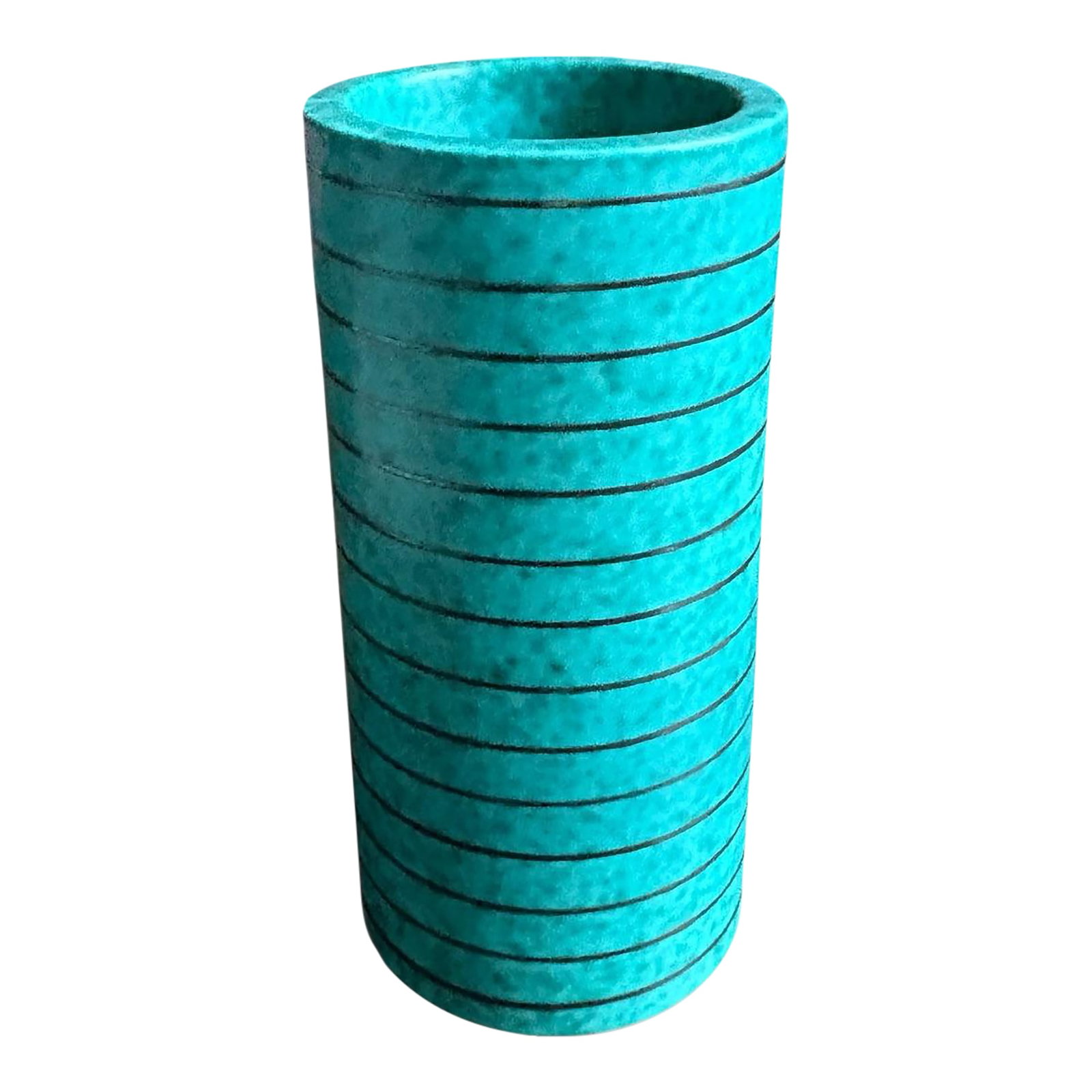 1940s Wilhelm Kage for Gustavsberg Floral "Argenta" Teal Stoneware Vase, Sweden: This stunning ceramic turquoise vase has applied designs of horizontal stripes and was designed by Wilhelm Kage for Gustavsberg Sweden. Hallmarked on the bottom in the stoneware: "Gustavsberg Argenta