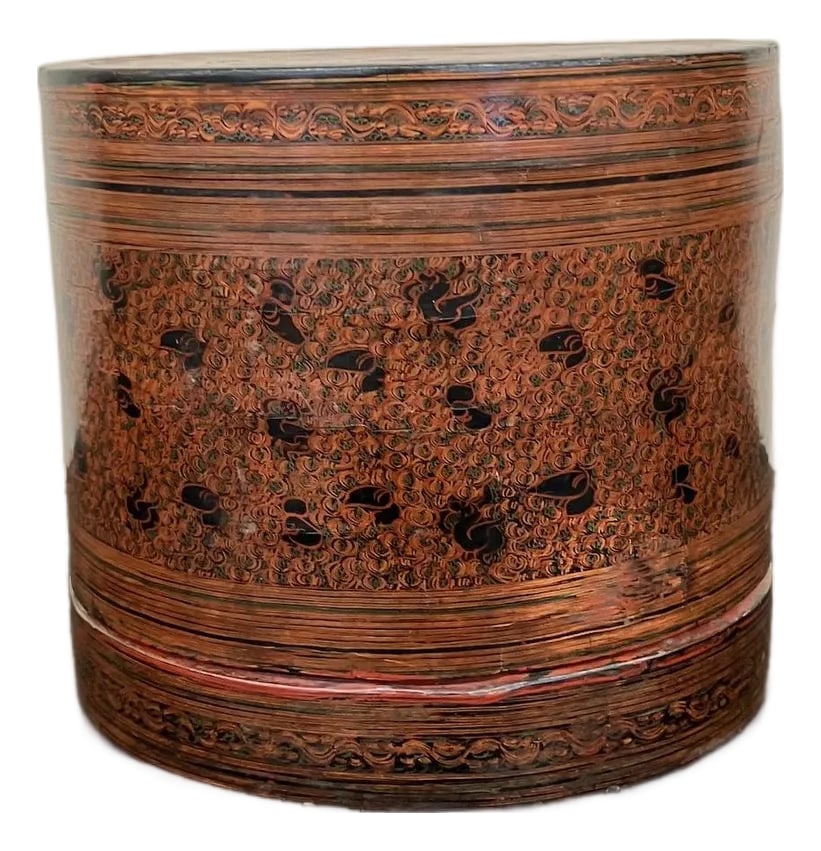 19th Century Burmese 3-Piece Round Lacquered Betel Nut Box: Antique lacquered round 3-piece Burmese (Myanmar) betel nut box, highly decorated with an ultra-fine hand-painted pattern in black, orange, green, & yellow. When assembled, decoration covers all