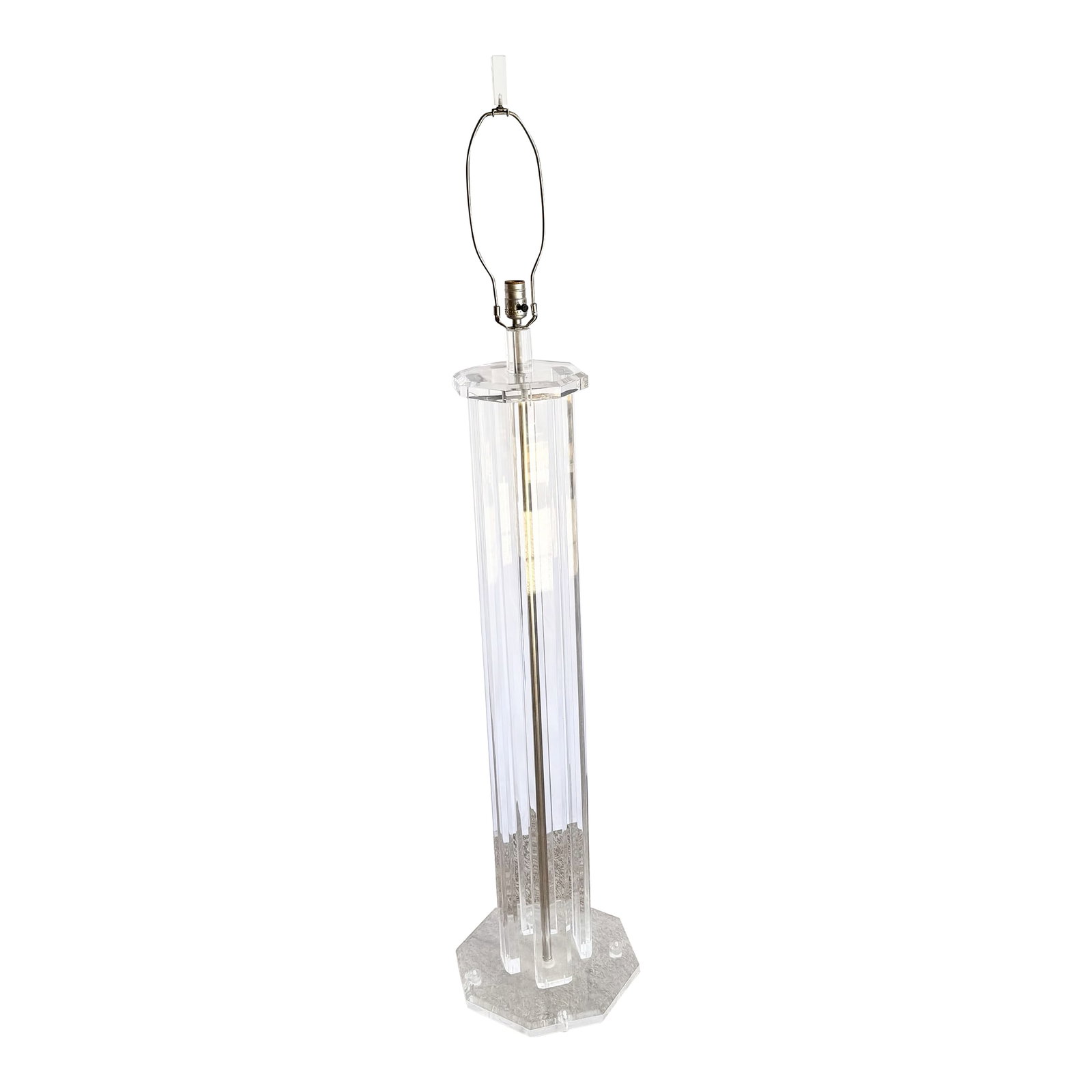 Vintage Mid Century Modern Lucite Floor Lamp: Elegant vintage Lucite floor lamp in the Mid Century Modern style, featuring a striking columnar base with octagonal detailing. The clear acrylic construction captures and reflects light beautifully, 