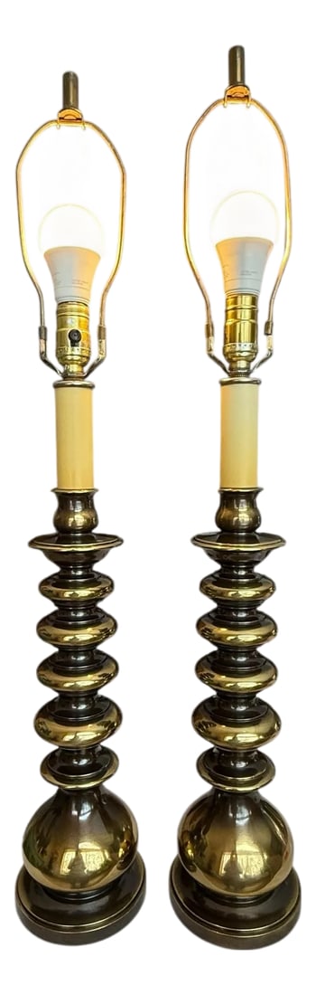 Hollywood Regency Solid Brass Stacked Disc Ring Lamps - A Pair: Vintage Pair of Heavy Solid Brass Stacked Disc Table Lamps Hollywood Regency Style Circa 1950-60's Heavy solid brass and visually captivating accents pieces for your home or office. Excellent vintage 