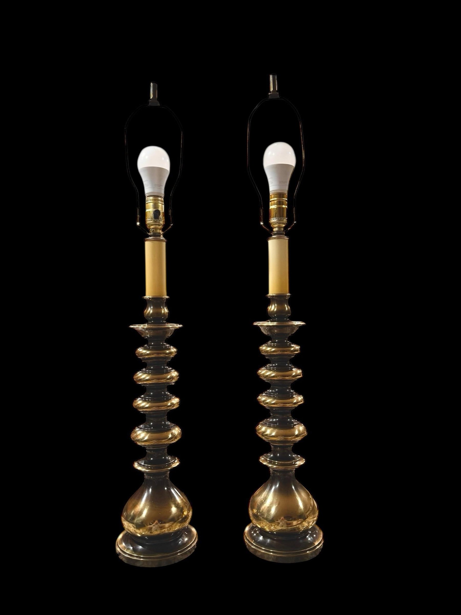 Hollywood Regency Solid Brass Stacked Disc Ring Lamps - A Pair - 2