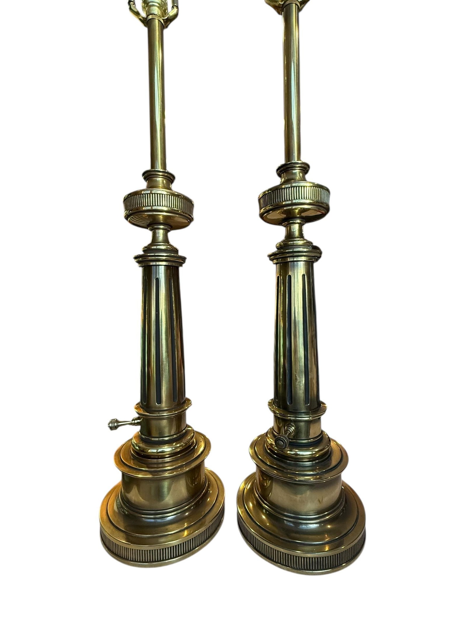 Stiffel Solid Brass Table Lamps With Original Shades 1950s - A Pair - 6