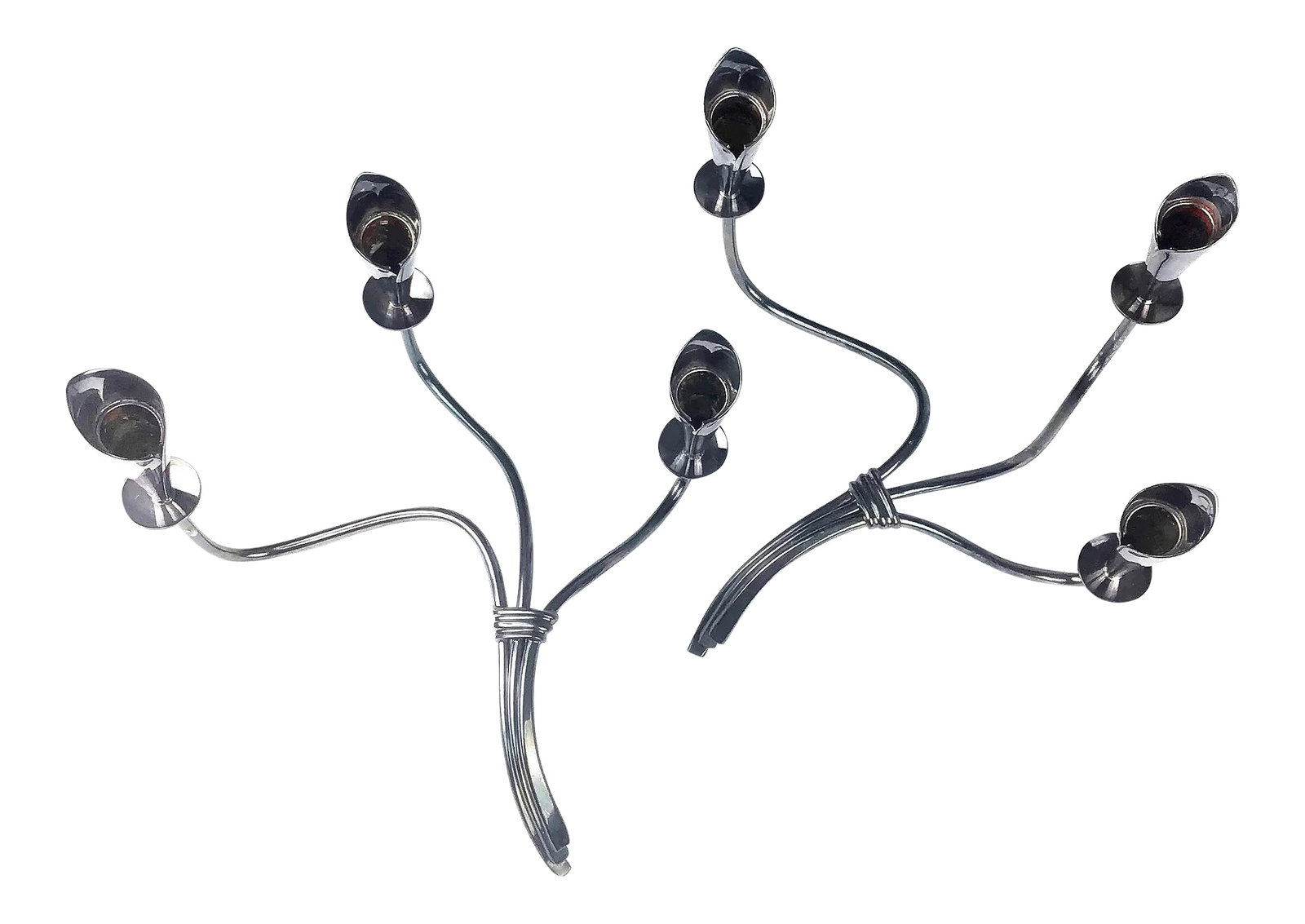 1970s Hans Jenson Silver Mid Century Modern Candle Holders: Gorgeous pair of Hans Jenson Denmark silver plated candle holders. Each one has 3 inserts and sit on a curvy design of vines and lilies. Listed as a set but message me if you are interested in one. Th
