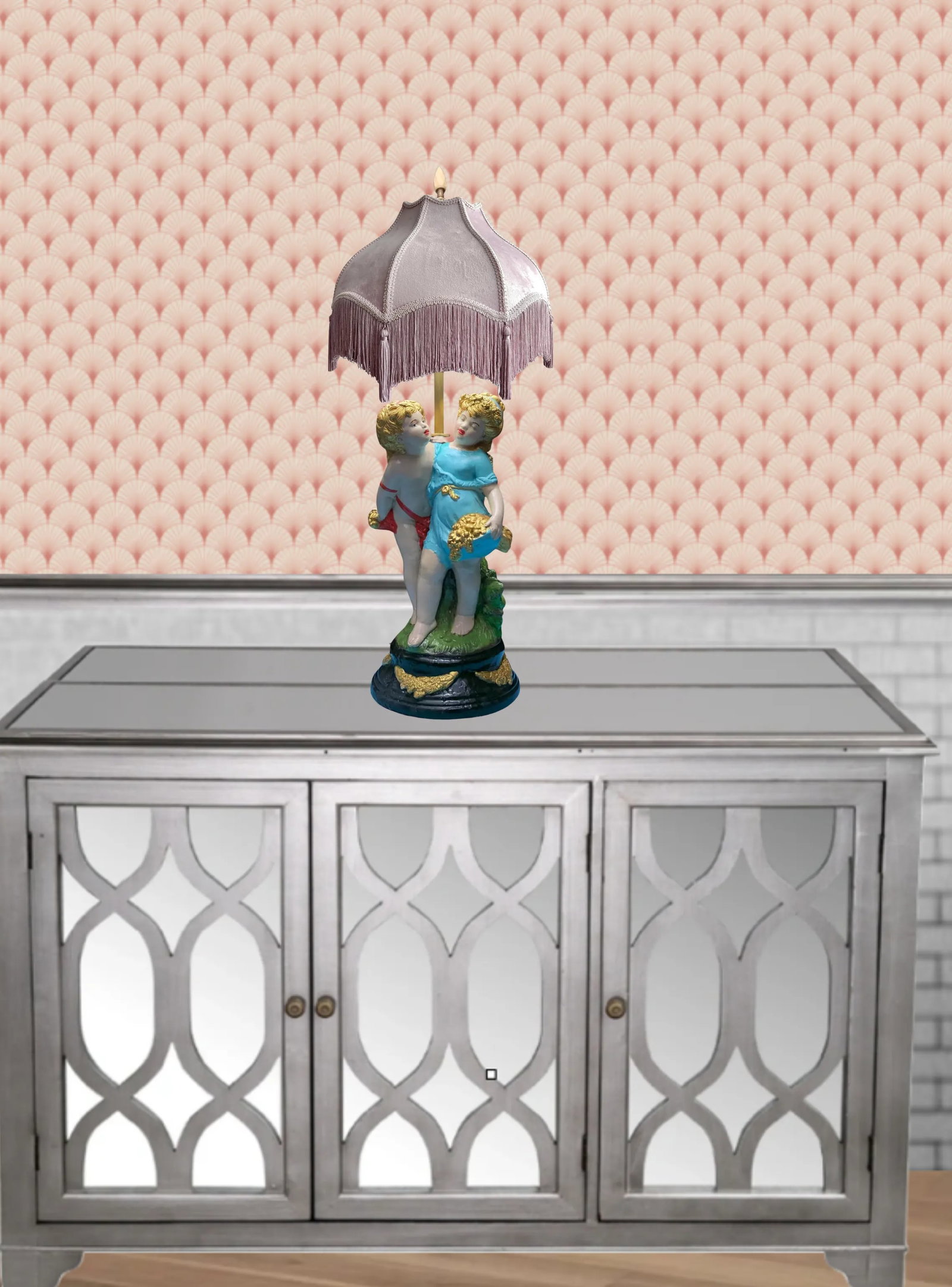 Mid-Century Chalkware Tender Cherubs Table Lamp - 12
