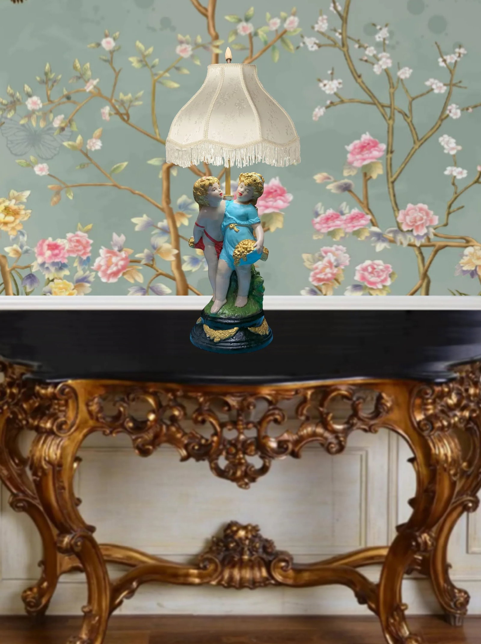Mid-Century Chalkware Tender Cherubs Table Lamp - 2