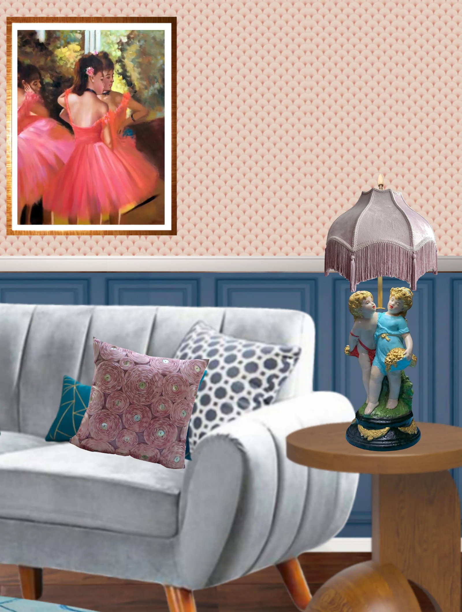 Mid-Century Chalkware Tender Cherubs Table Lamp - 9