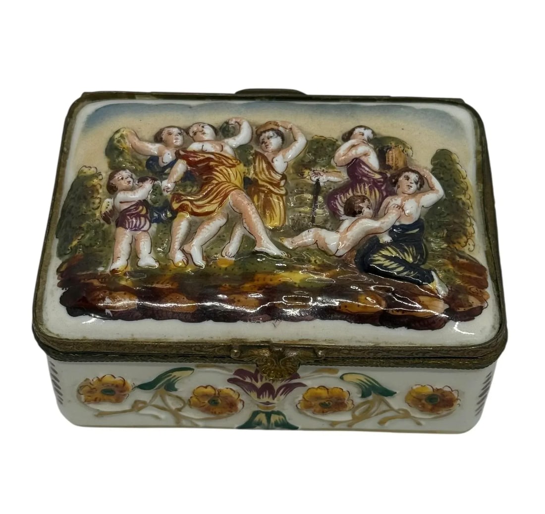 Late 19th Century Capodimonte Porcelain Hand-Painted Rectangle Shape Hindged Lid Trinket Box With Pl - 12