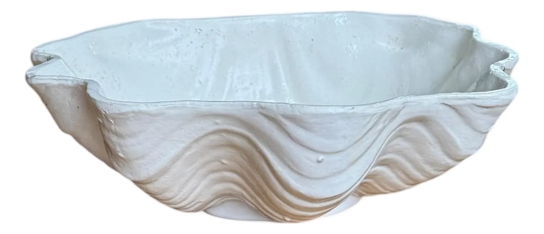 South Seas Stoneware Shell Bowl Planter: Large stoneware clamshell bowl showing aged character and authenticity. Rough unfinished interior inherent to design. Minor paint chips consistent with age and use. Circa 1950-60's. Rustic seaside