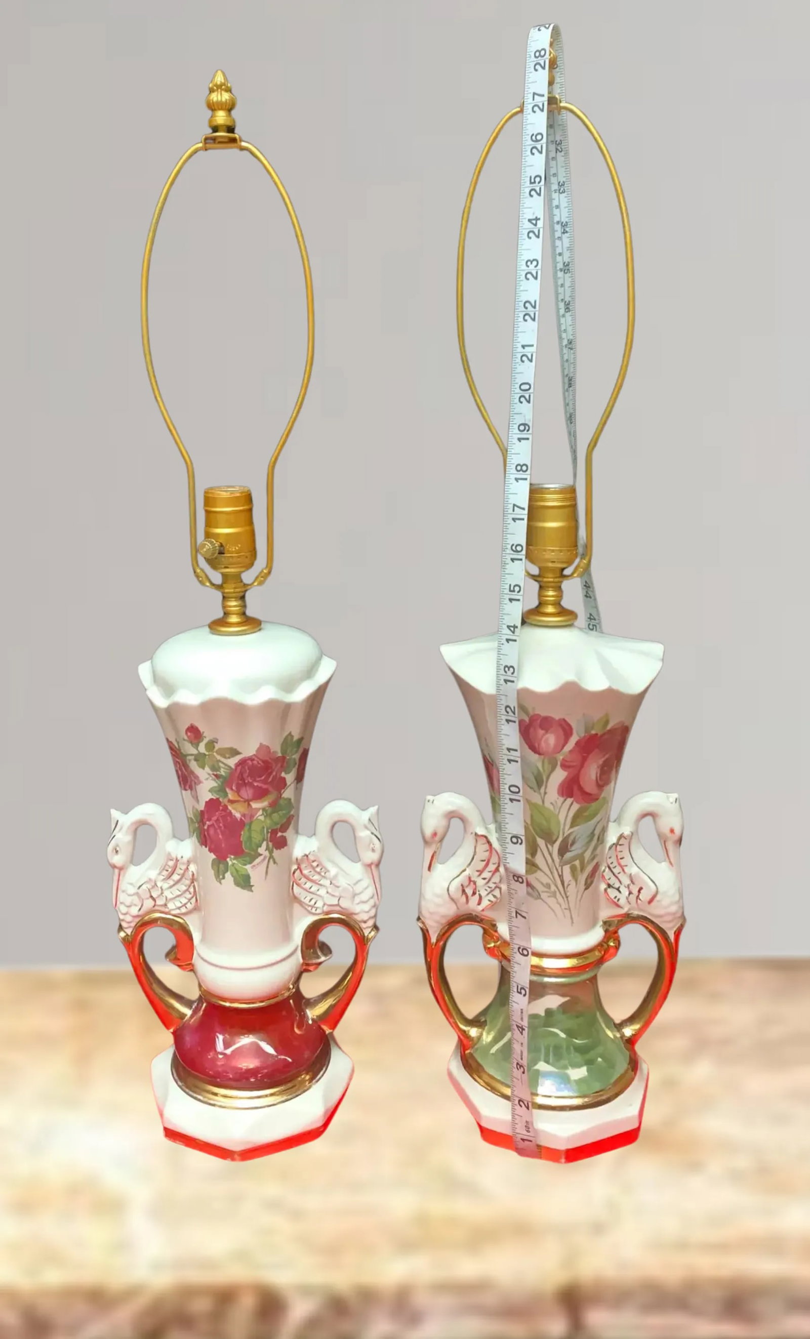 Mid-Century Floral Swan Handle Porcelain Table Lamps - A Pair - 10