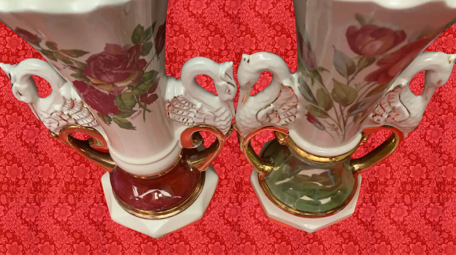 Mid-Century Floral Swan Handle Porcelain Table Lamps - A Pair - 11