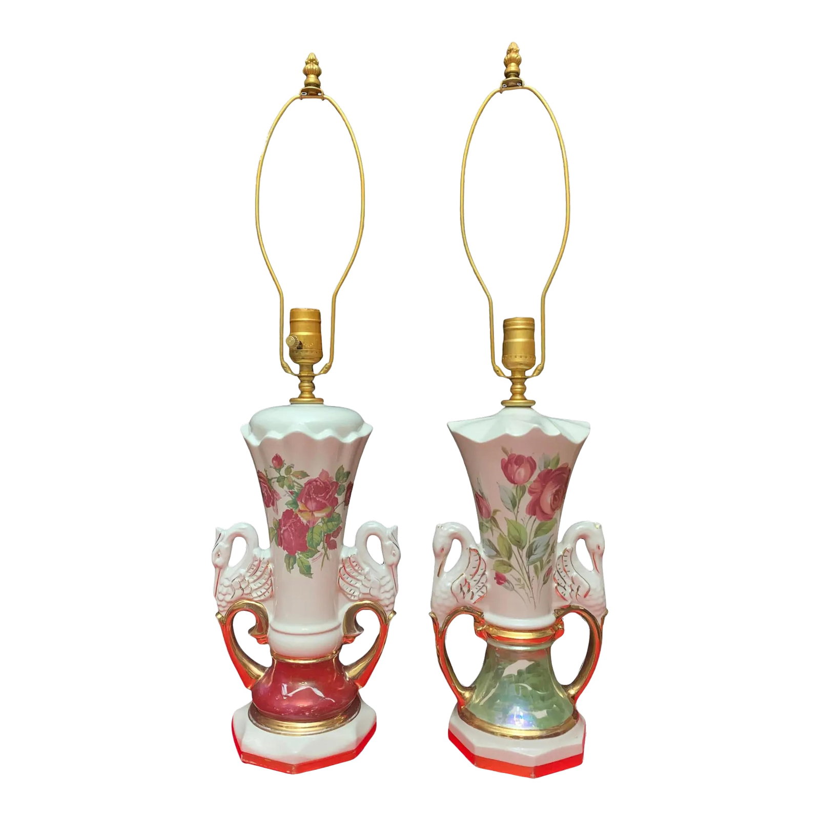 Mid-Century Floral Swan Handle Porcelain Table Lamps - A Pair: This captivating pair of mid-century table lamps were designed by the Jenny Worral Company in England. Each lamp is fashioned from fine porcelain and hand-painted with a vivid floral design, featuring