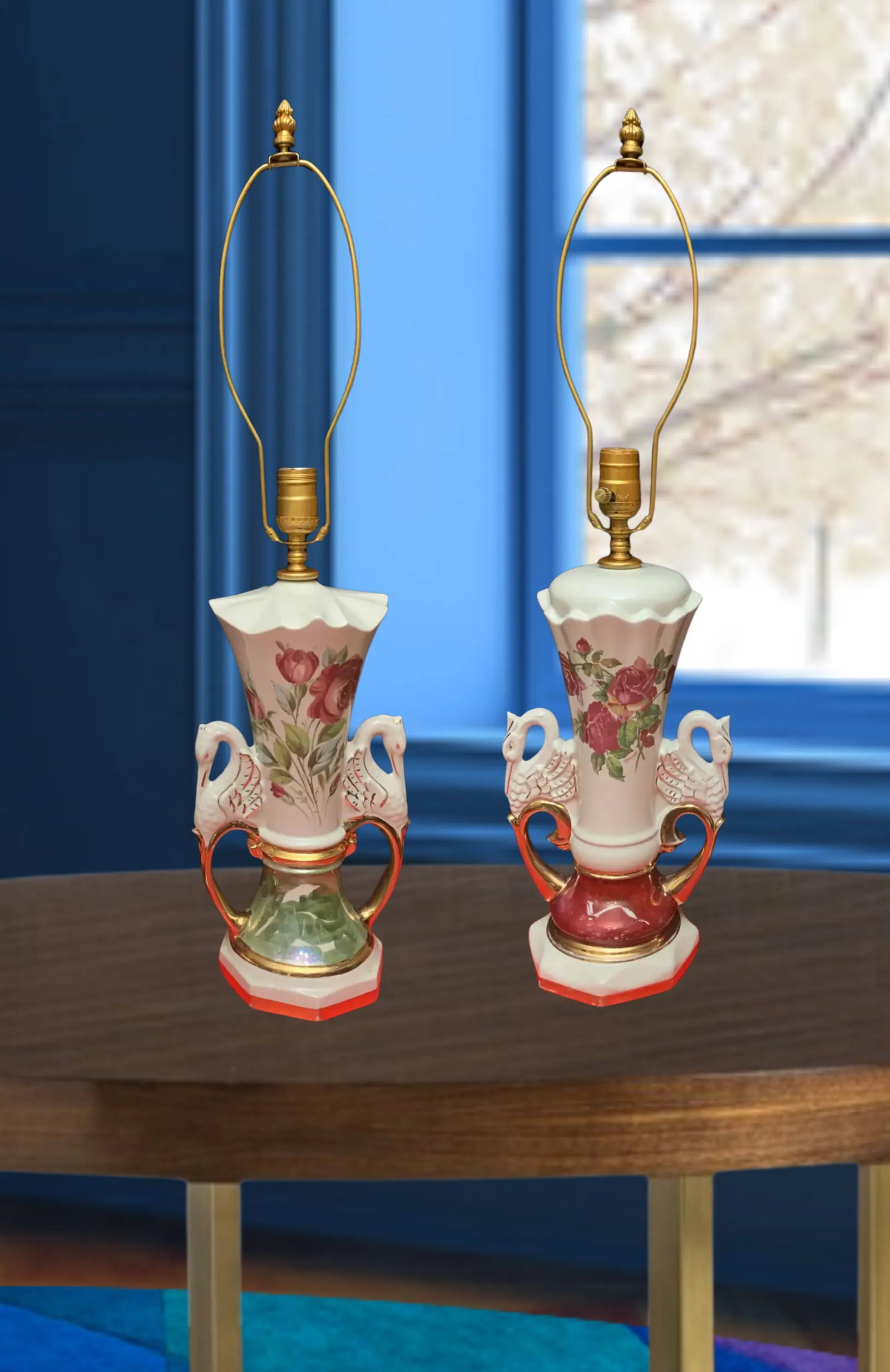 Mid-Century Floral Swan Handle Porcelain Table Lamps - A Pair - 2