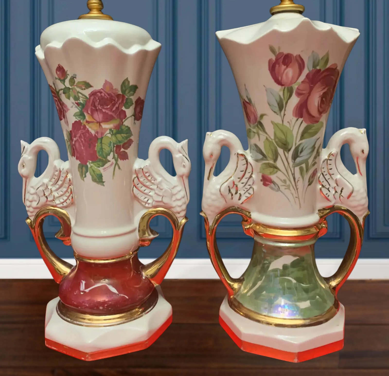 Mid-Century Floral Swan Handle Porcelain Table Lamps - A Pair - 4