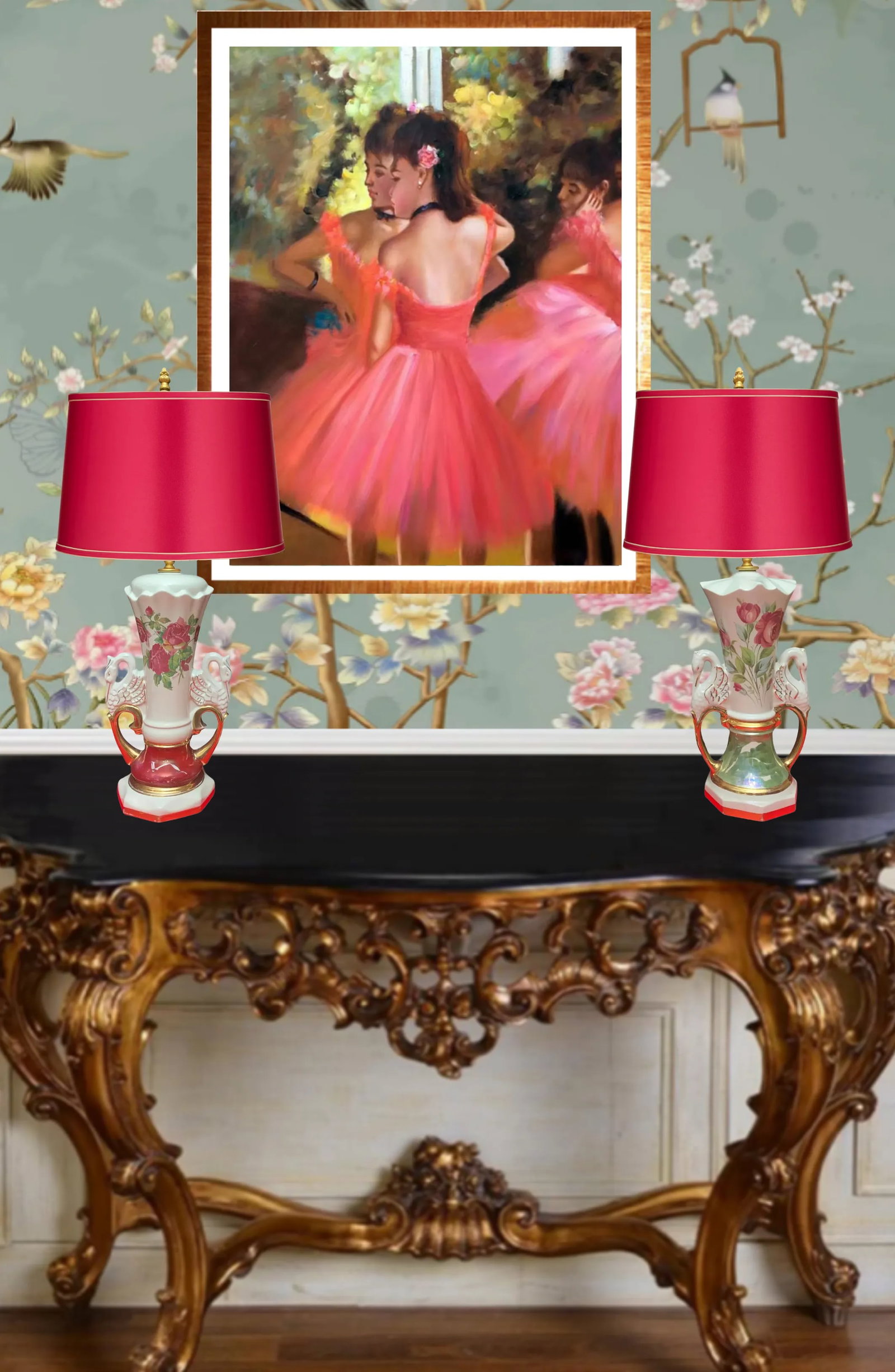 Mid-Century Floral Swan Handle Porcelain Table Lamps - A Pair - 5