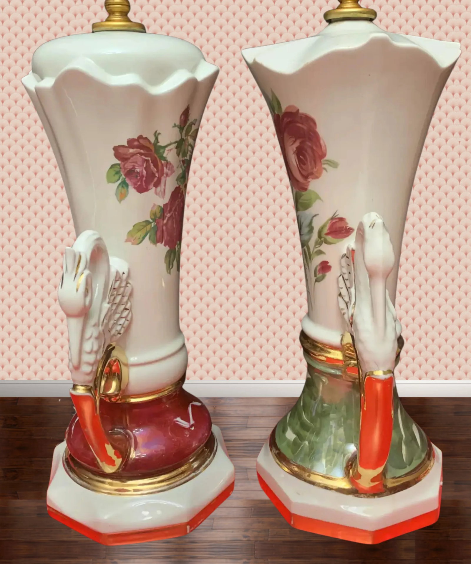 Mid-Century Floral Swan Handle Porcelain Table Lamps - A Pair - 6