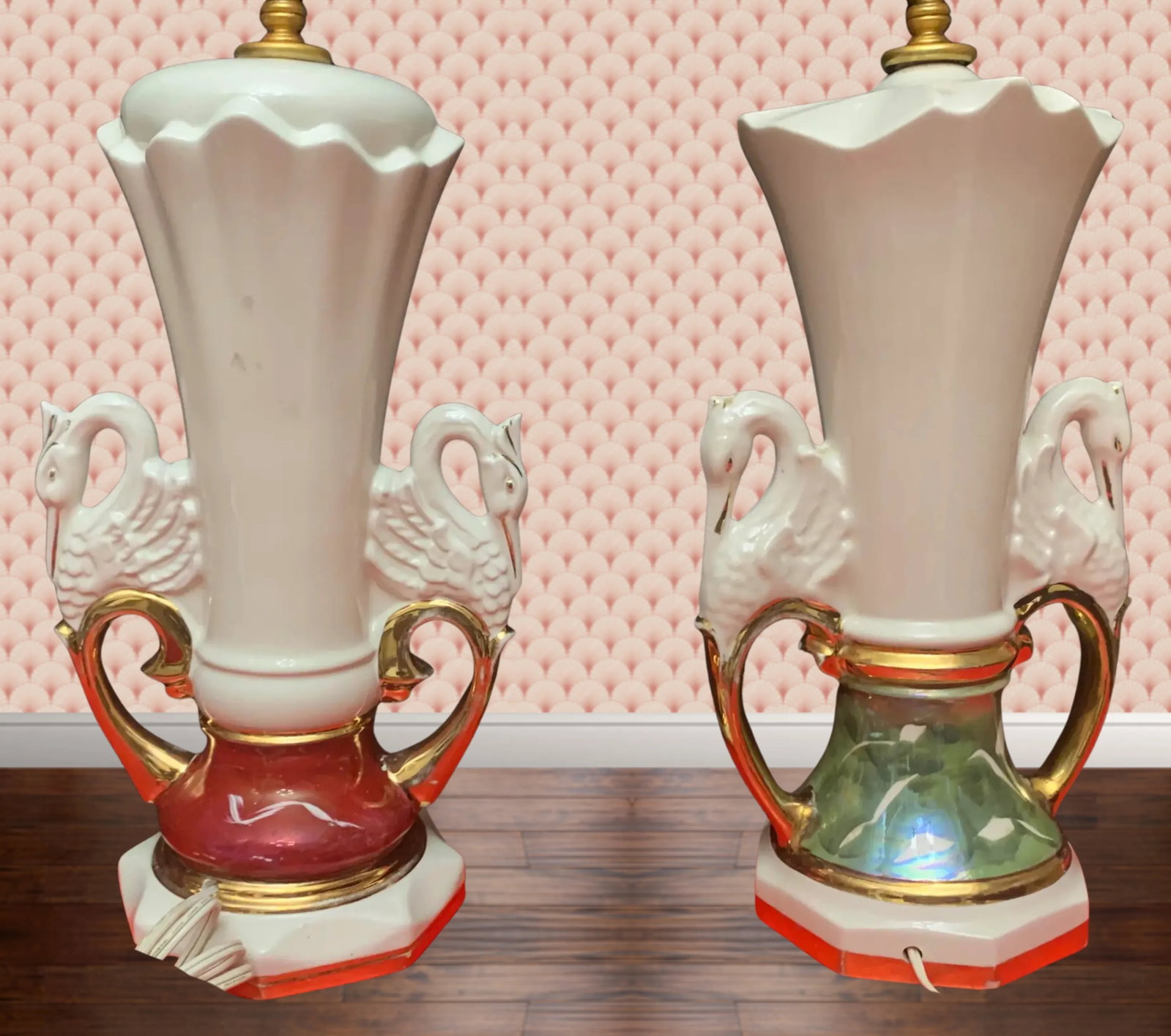 Mid-Century Floral Swan Handle Porcelain Table Lamps - A Pair - 8