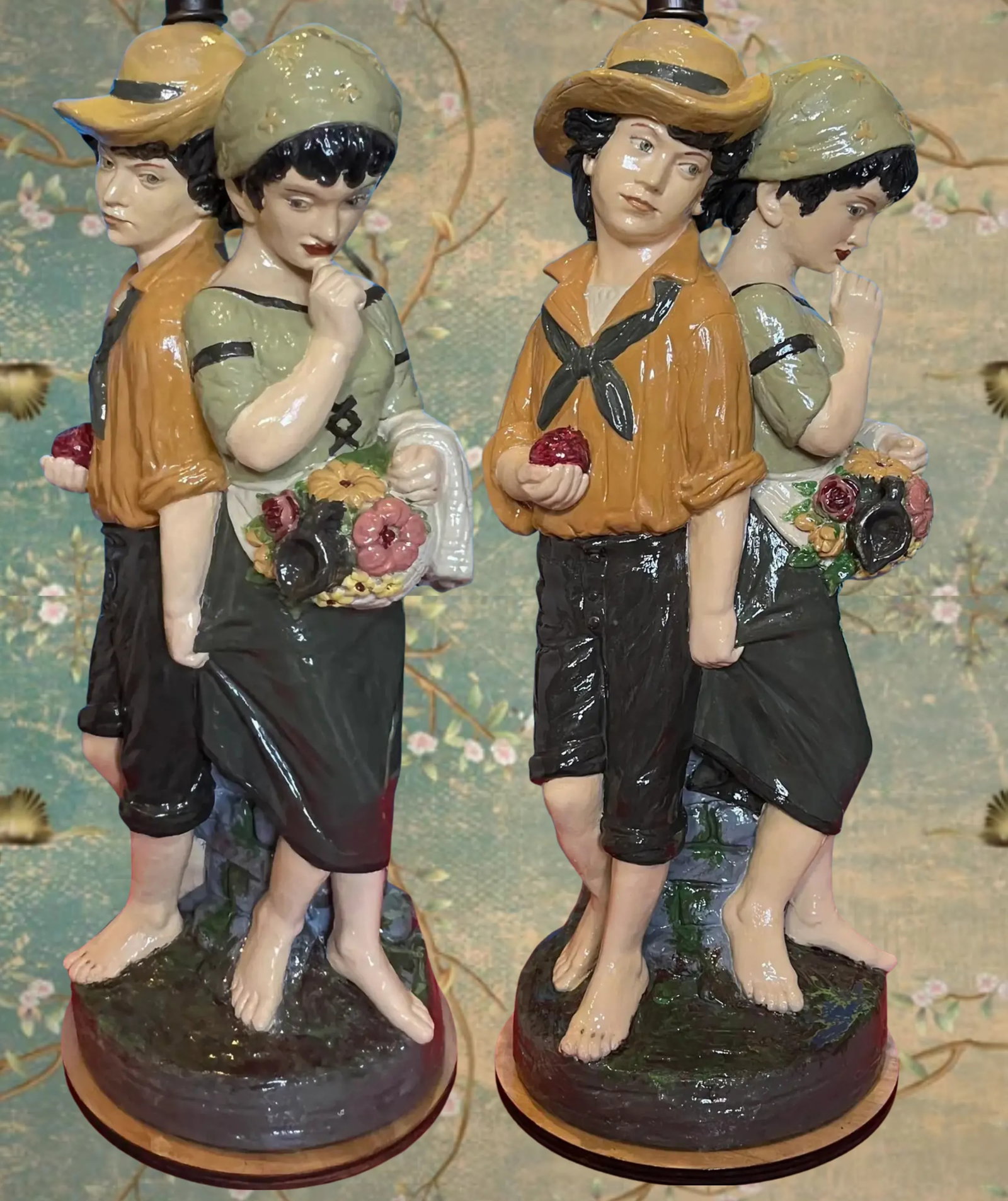 Mid Century Chalkware Lamp- Village Children - 6
