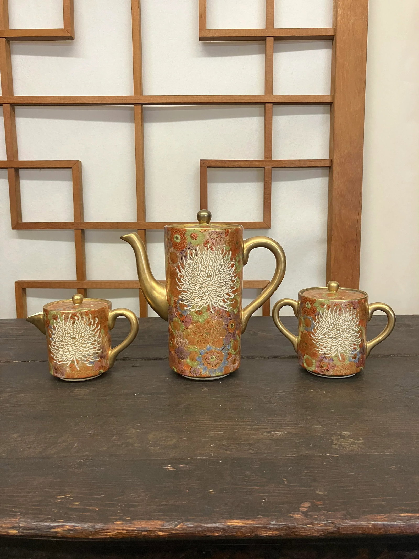 Mid 20th Century Elegant Golden Hand-Painted Satsuma 3-Piece Tea Set With Chrysanthemum and Multi/Ea - 12