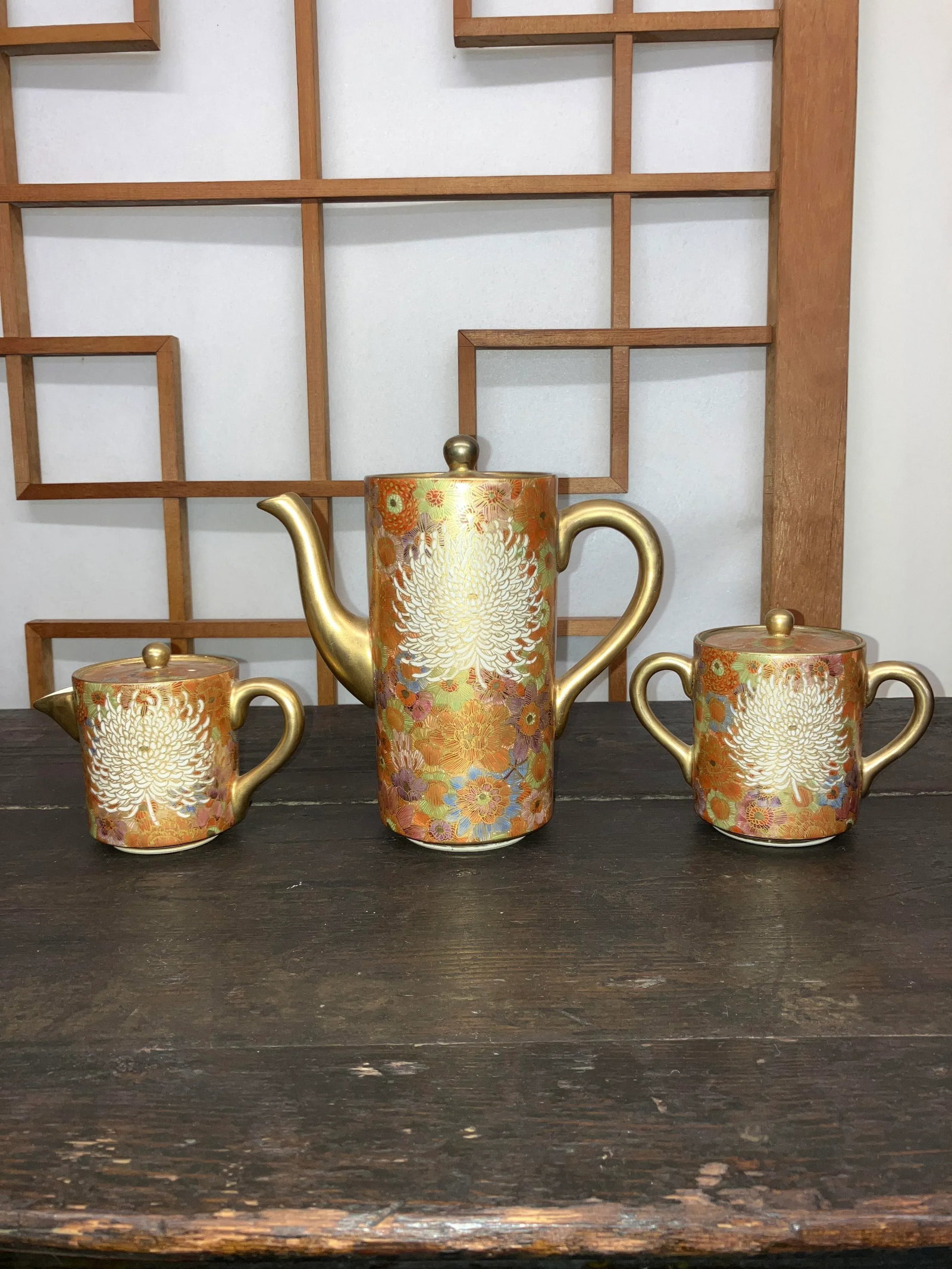 Mid 20th Century Elegant Golden Hand-Painted Satsuma 3-Piece Tea Set With Chrysanthemum and Multi/Ea - 13