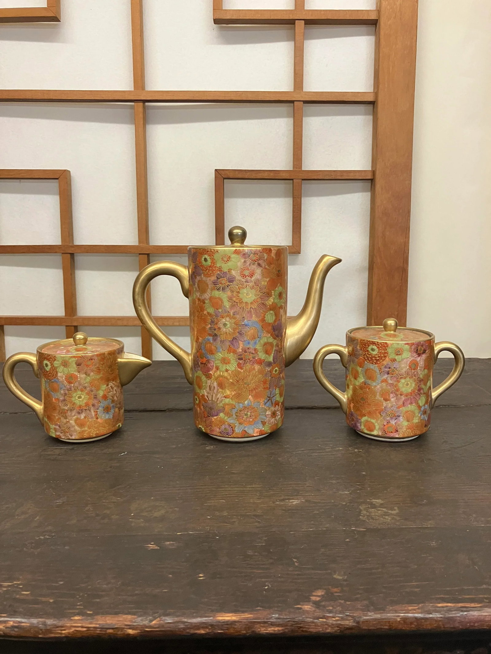 Mid 20th Century Elegant Golden Hand-Painted Satsuma 3-Piece Tea Set With Chrysanthemum and Multi/Ea - 14