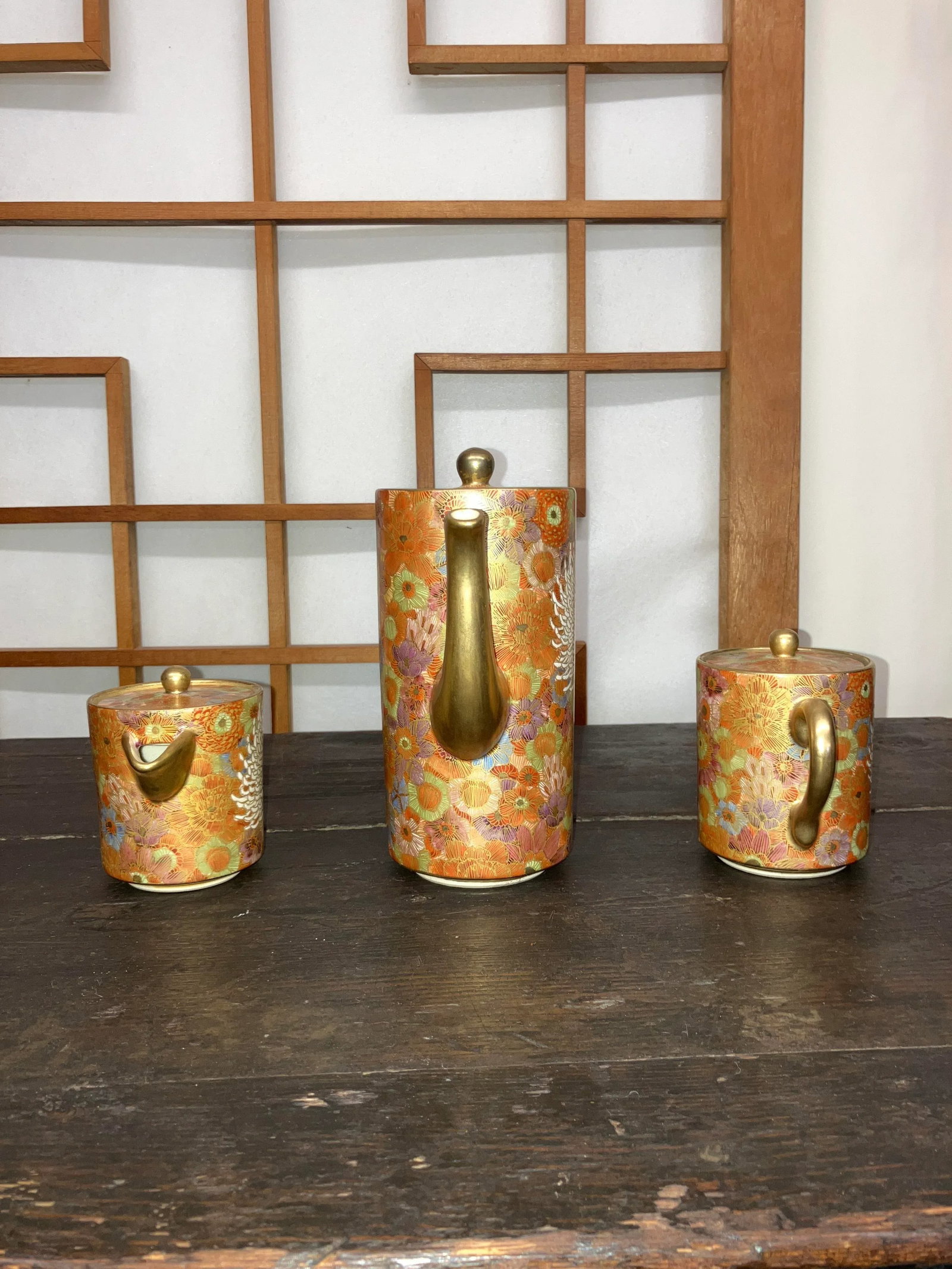 Mid 20th Century Elegant Golden Hand-Painted Satsuma 3-Piece Tea Set With Chrysanthemum and Multi/Ea - 15