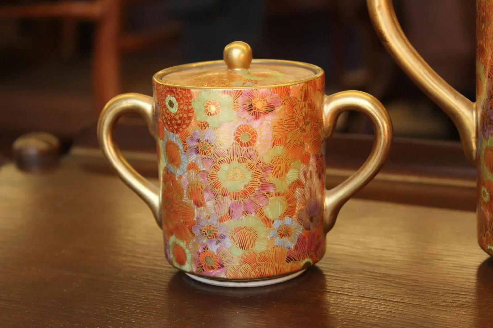 Mid 20th Century Elegant Golden Hand-Painted Satsuma 3-Piece Tea Set With Chrysanthemum and Multi/Ea - 3