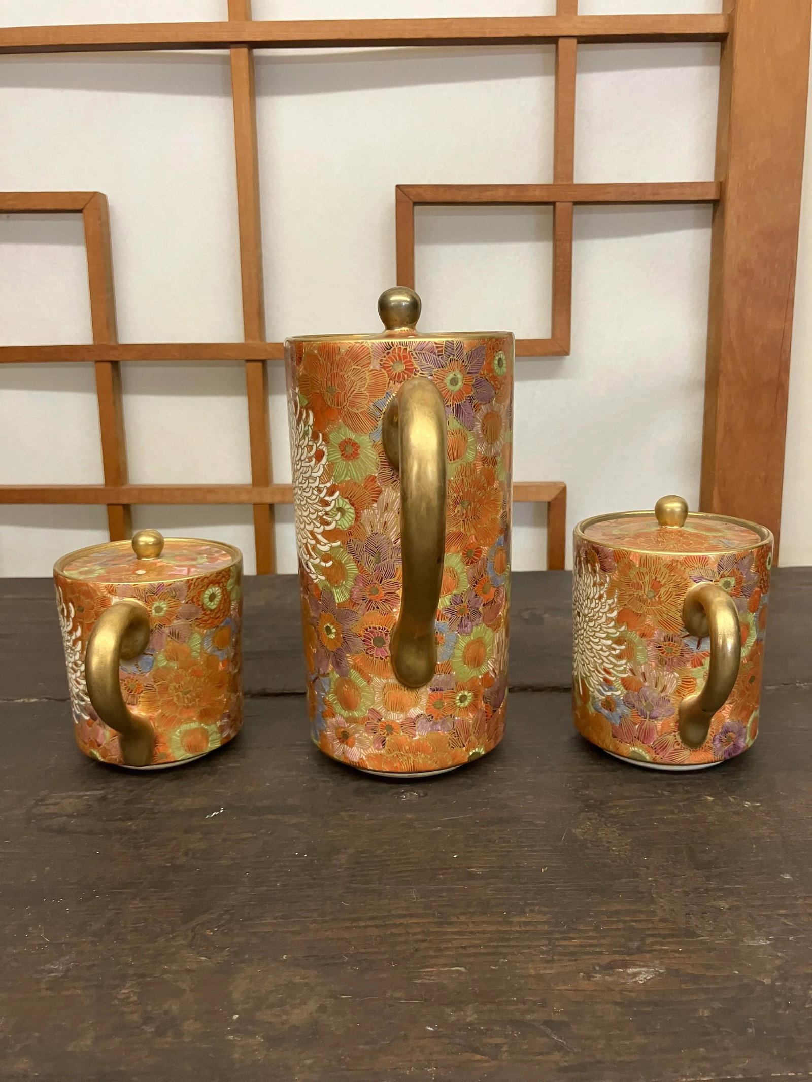 Mid 20th Century Elegant Golden Hand-Painted Satsuma 3-Piece Tea Set With Chrysanthemum and Multi/Ea - 4