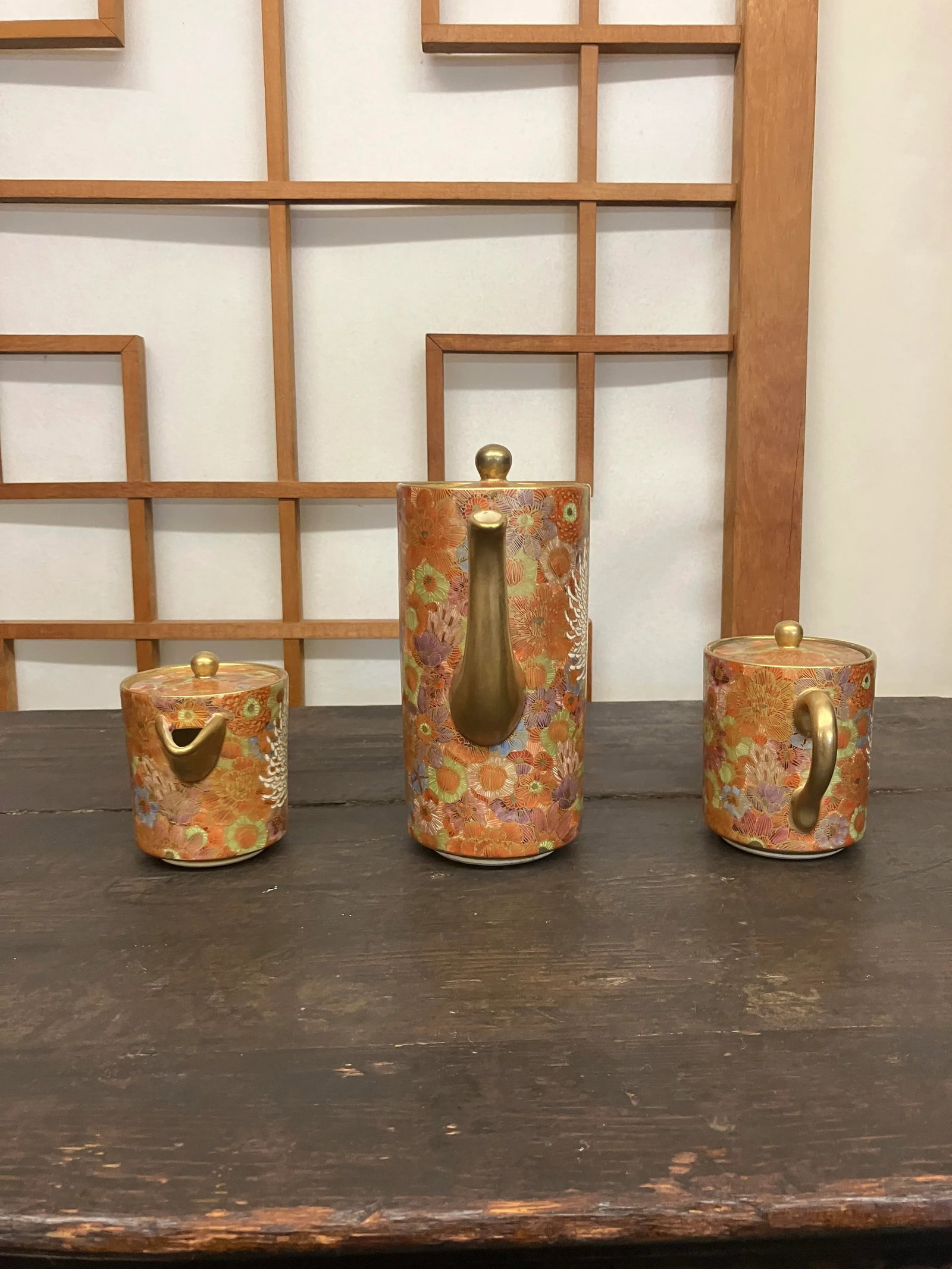 Mid 20th Century Elegant Golden Hand-Painted Satsuma 3-Piece Tea Set With Chrysanthemum and Multi/Ea - 5