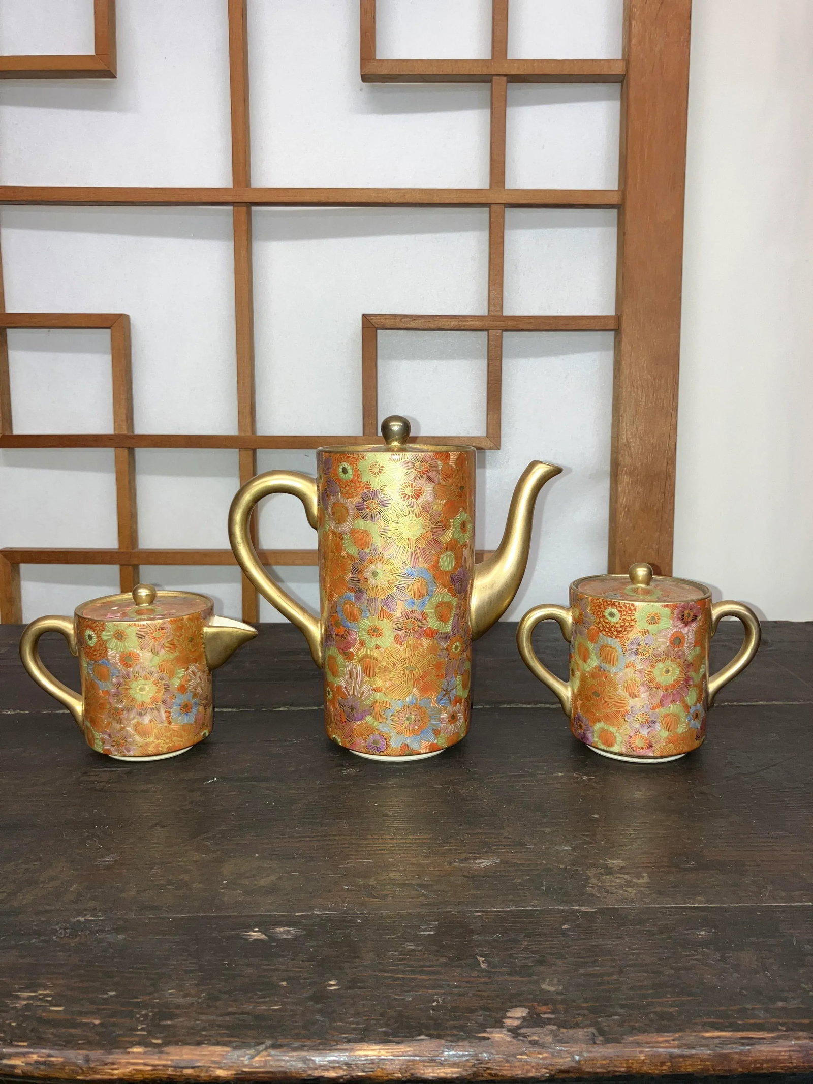 Mid 20th Century Elegant Golden Hand-Painted Satsuma 3-Piece Tea Set With Chrysanthemum and Multi/Ea - 6