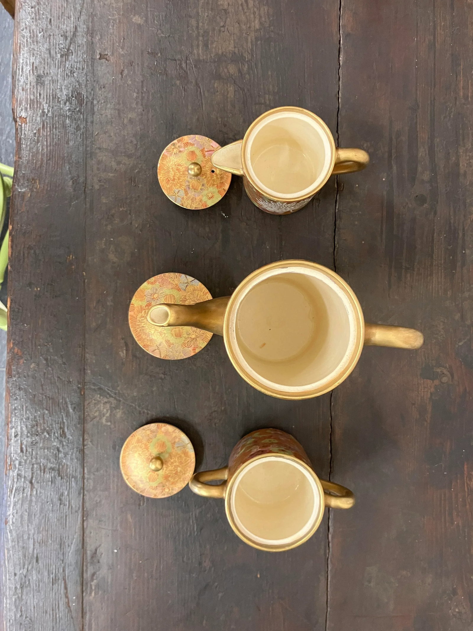Mid 20th Century Elegant Golden Hand-Painted Satsuma 3-Piece Tea Set With Chrysanthemum and Multi/Ea - 8