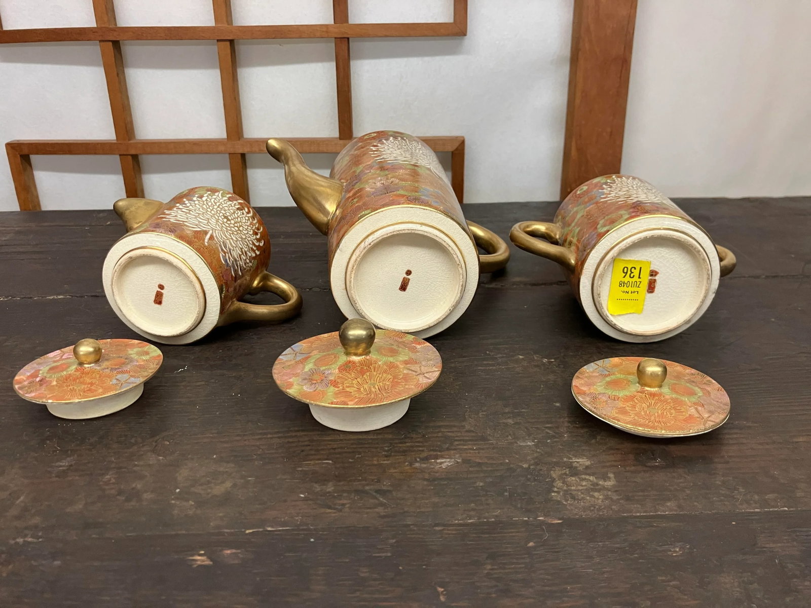 Mid 20th Century Elegant Golden Hand-Painted Satsuma 3-Piece Tea Set With Chrysanthemum and Multi/Ea - 9