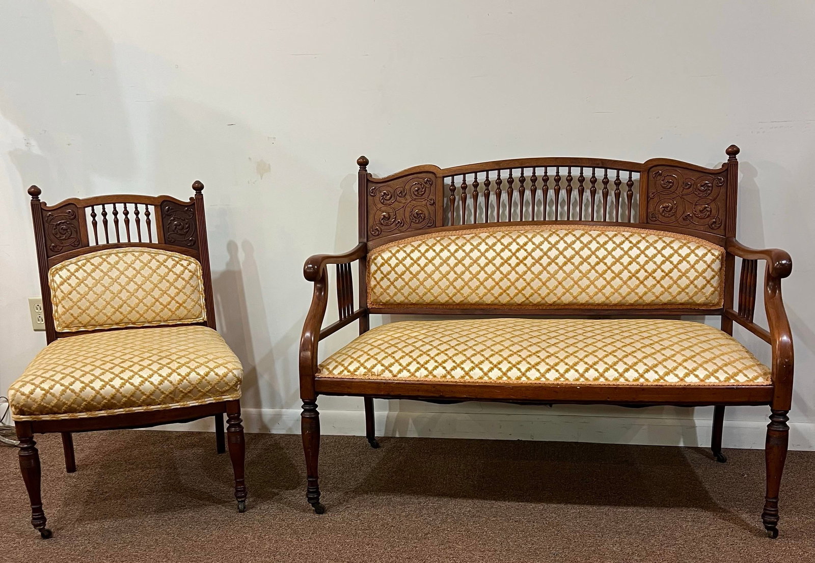 Late 19th Century East Lake Victorian Spindle Back Settee and Chair - 12