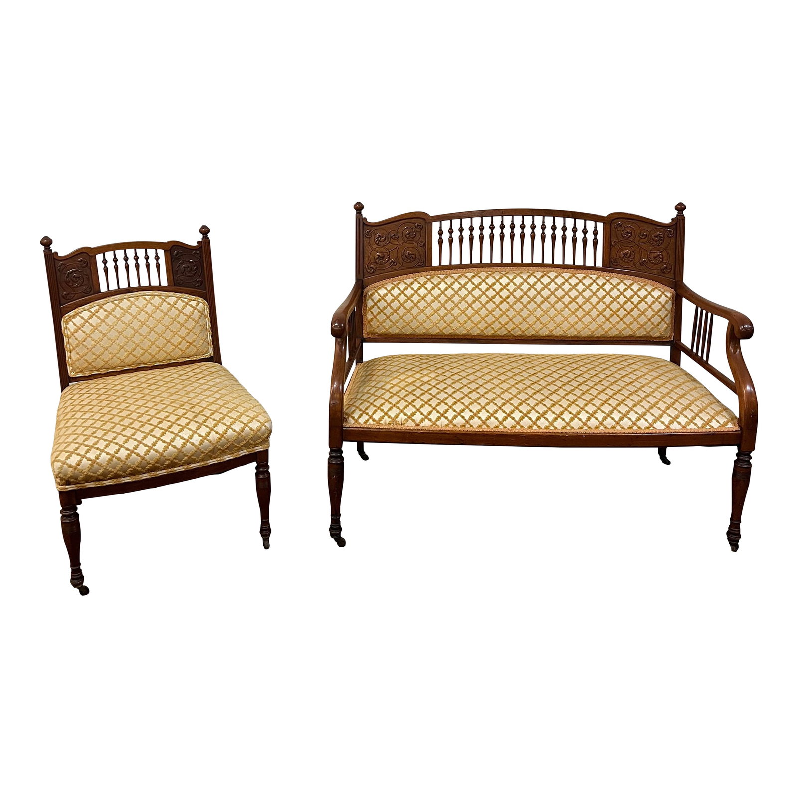 Late 19th Century East Lake Victorian Spindle Back Settee and Chair: Stunning Victorian Eastlake spindle back chair and settee set In very good condition, no flaws or brakes in spindles The upholstery is very nice Please view pictures as the back of the set tea does