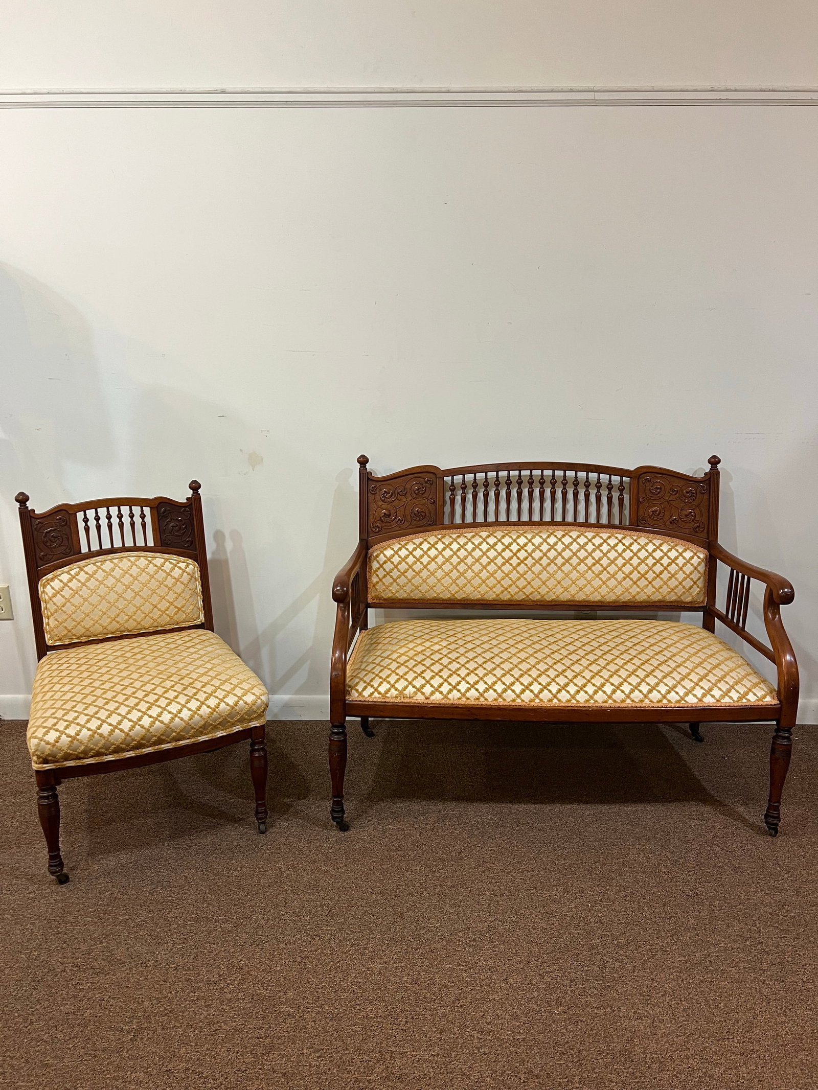Late 19th Century East Lake Victorian Spindle Back Settee and Chair - 5