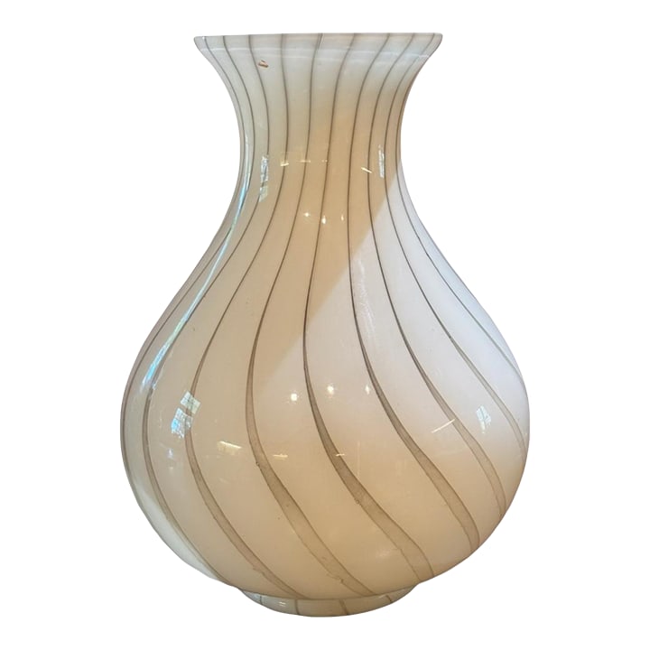 Murano Hand-Blown Opaline Filigrana Spiral Art Glass Vase - Late 20th Century: Elegant hand-blown Murano glass vase featuring ivory opaline glass with soft taupe spiral filigrana striping. The graceful baluster form and gently flared neck showcase the refined artistry of