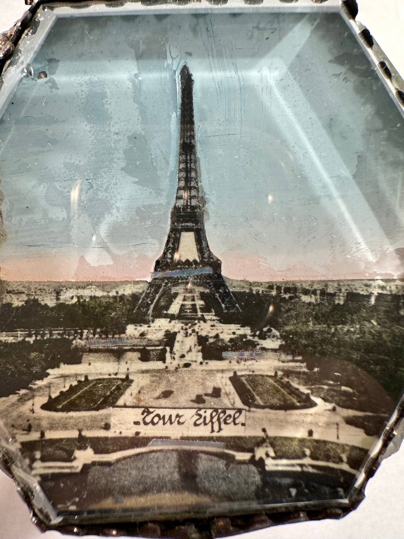 Antique Eiffel Tower Ormolu Jewelry Casket, Photographic Glass Souvenir Box With Iridescent Inlays, - 12