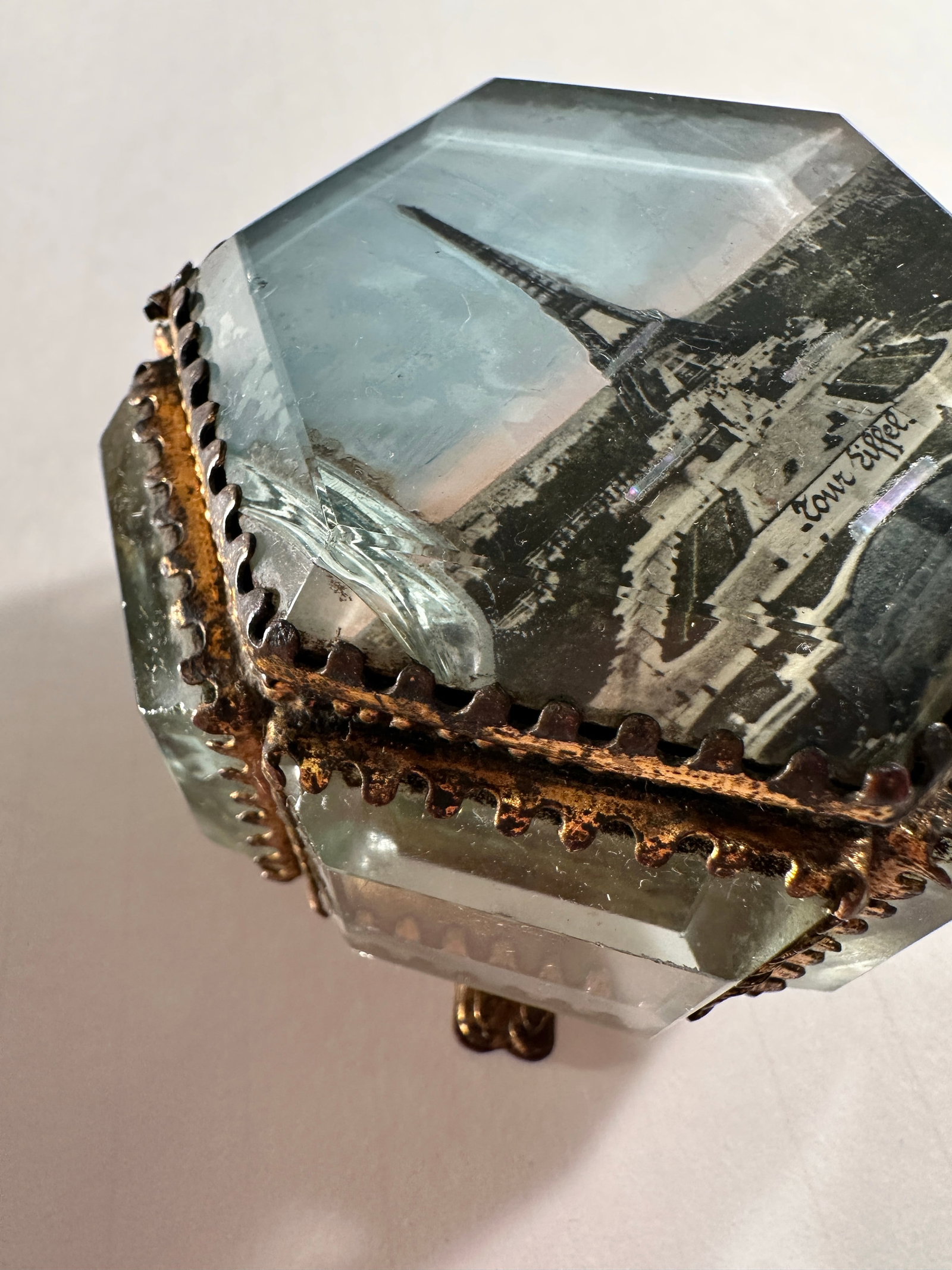 Antique Eiffel Tower Ormolu Jewelry Casket, Photographic Glass Souvenir Box With Iridescent Inlays, - 8